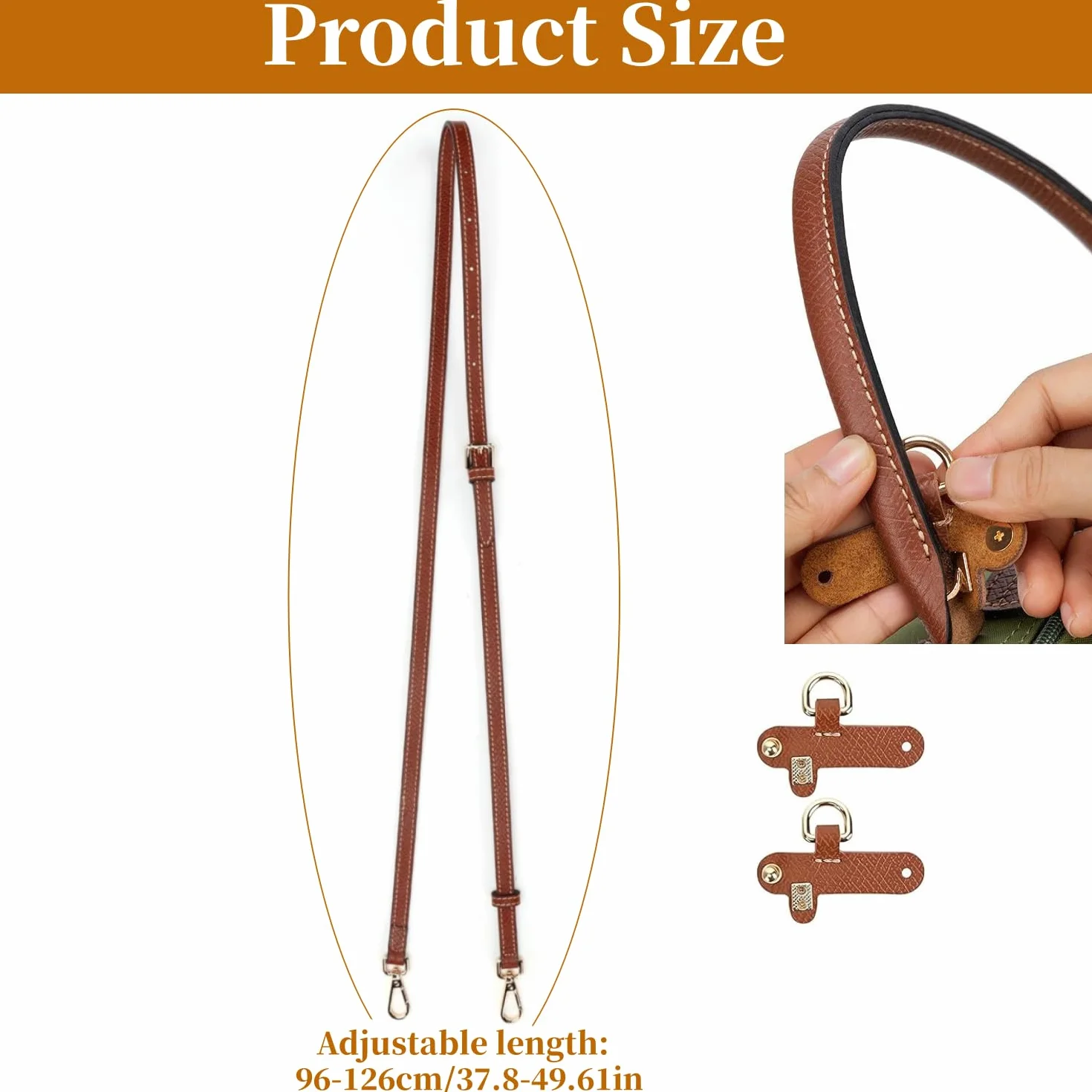 Skórzany pasek na ramię do torebki Longchamp, brązowy, mini Bag Straps z 2 adapterami, 1,2 cm