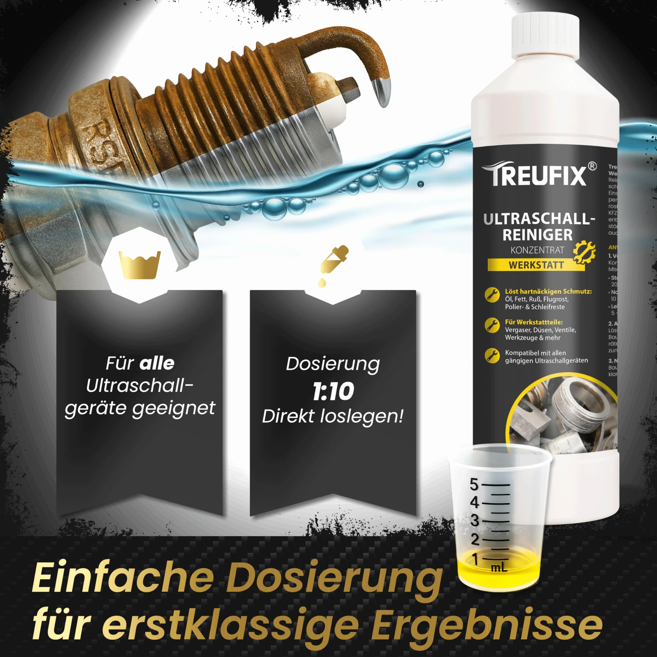 Treufix Koncentrat do czyszczenia ultradźwiękowego, 750 ml, do gaźników, dysz wtryskowych, części silnika – odporny na olej, tłuszcz, sadzę – chroni materiał i jest skuteczny – Made in DE