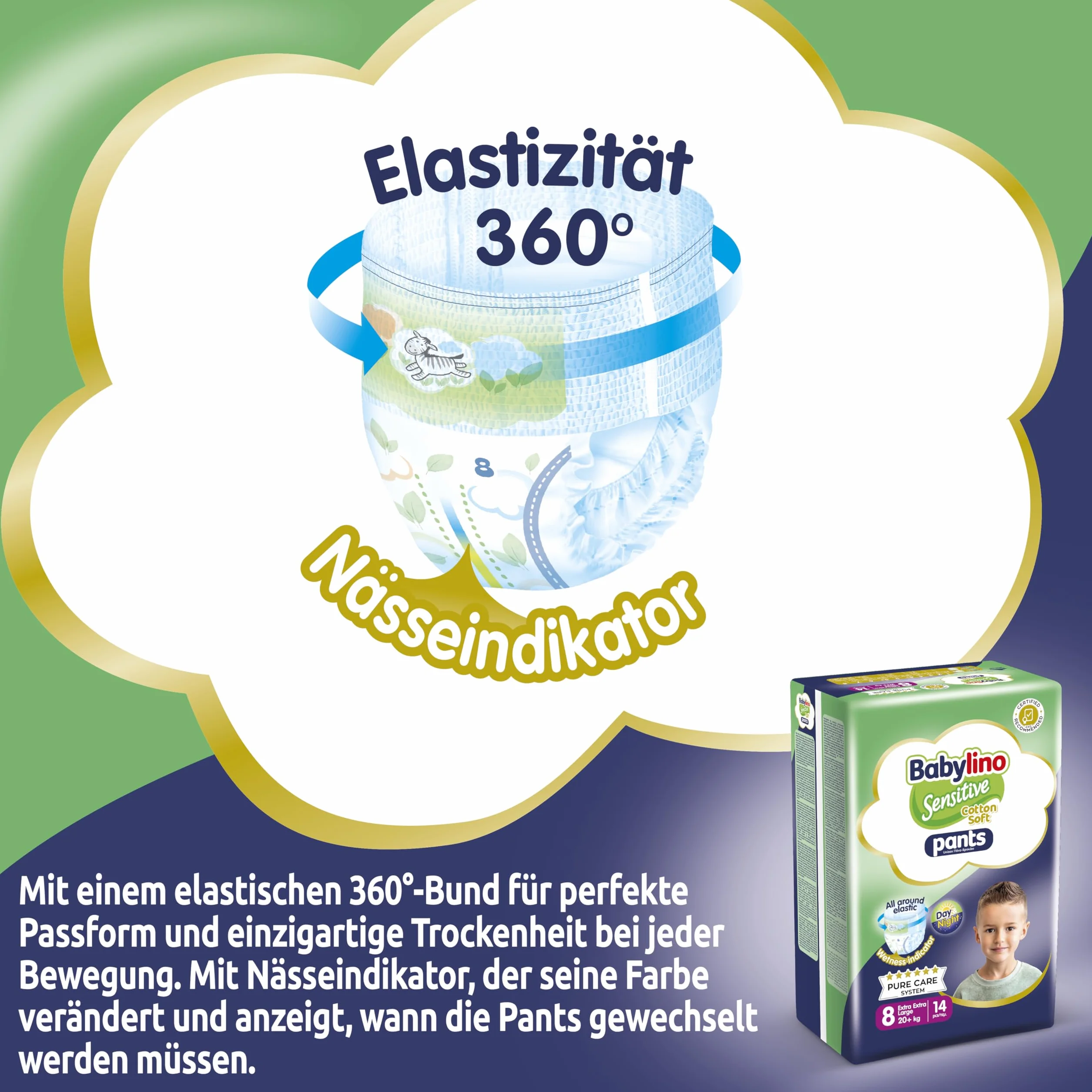Babylino Sensitive Cotton Soft Pieluchy Majtki, Rozmiar 8, Spodnie XXL (20 kg), 14 sztuk