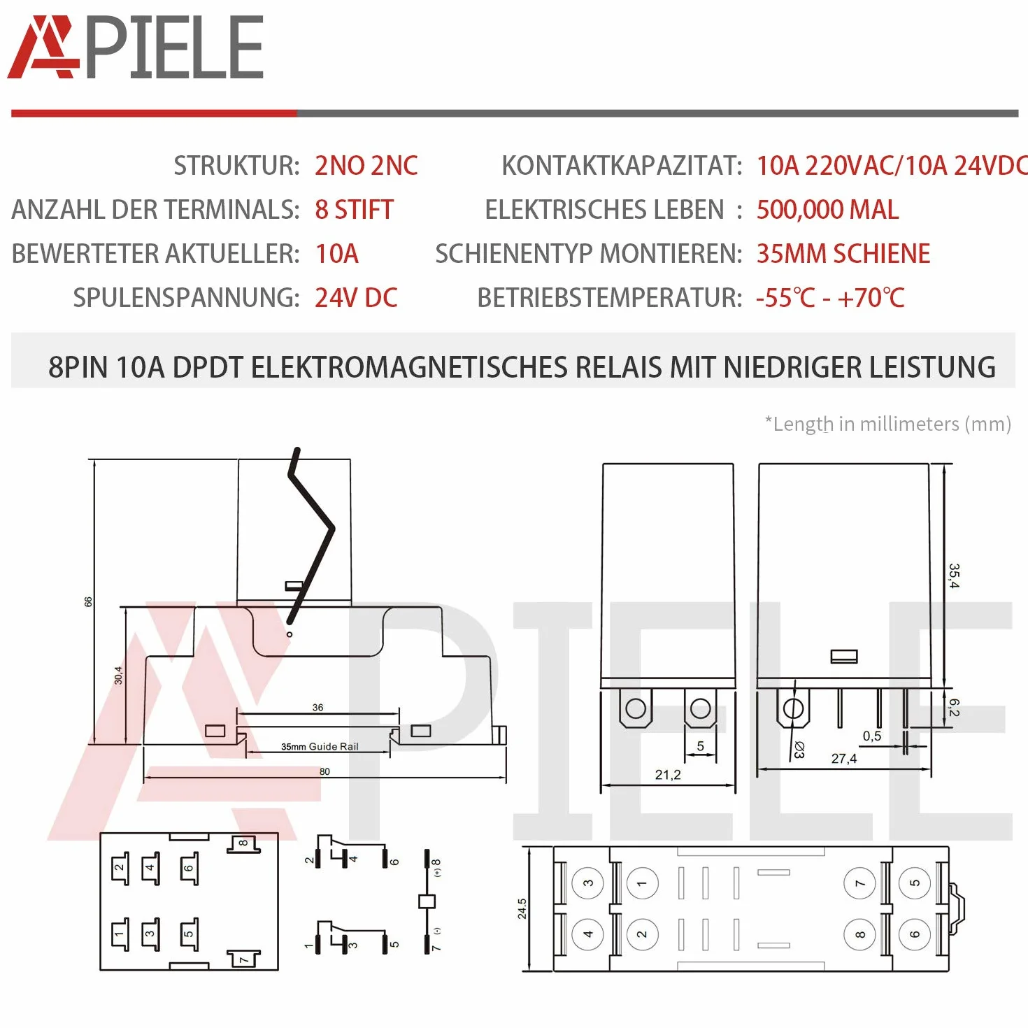 APIELE [3 lata gwarancji] 24 V DC 8 pinów 10 A cewka elektromagnetyczny przekaźnik mocy 2PDT 2NO+2NC MY2NJ HH52Pz lampką kontrolną z gniazdem (24 VDC)