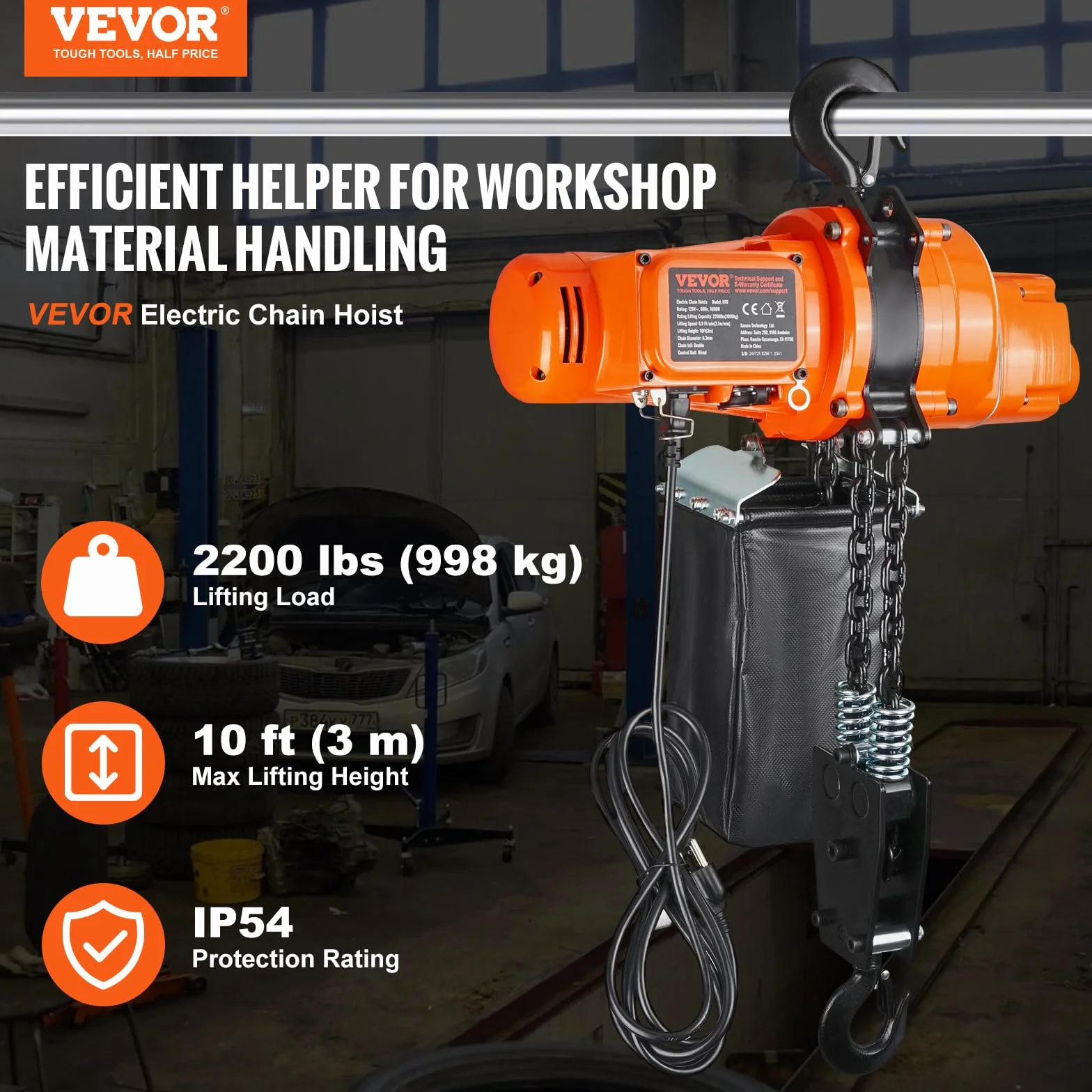 VEVOR Elektryczny wciągnik łańcuchowy, nośność 998 kg, wysokość podnoszenia 3 m, jednofazowy żuraw mostowy 230 V z łańcuchem, pilot zdalnego sterowania do garażu, magazynu, hotelu, warsztatu, użytku