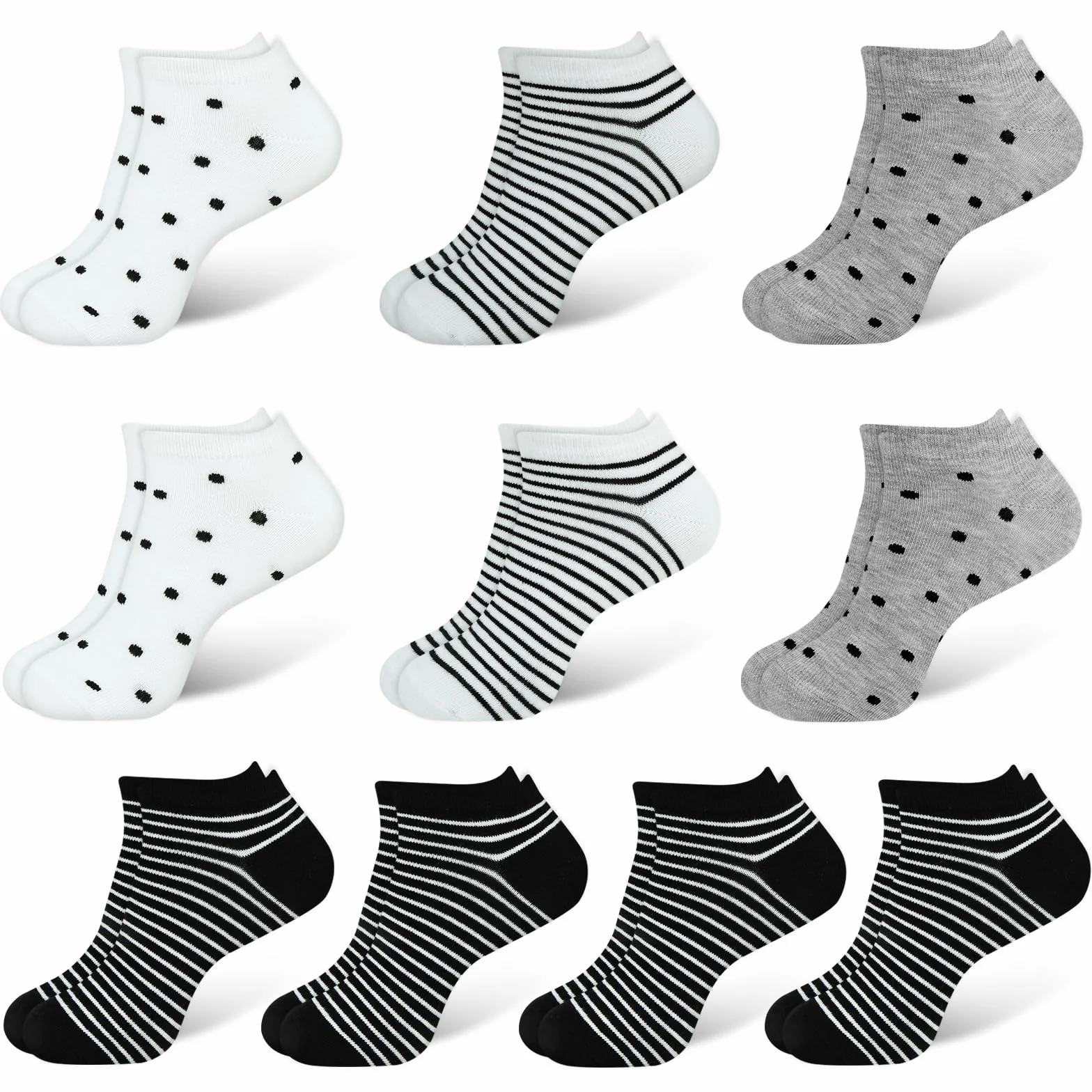 DiULi Krótkie skarpety sportowe, damskie, 10/12 par skarpet do sneakersów z paskami i kropkami, bawełna 39-42, 35-38, krótkie, zabawne skarpety, bawełniane, oddychające, wygodne, swobodne