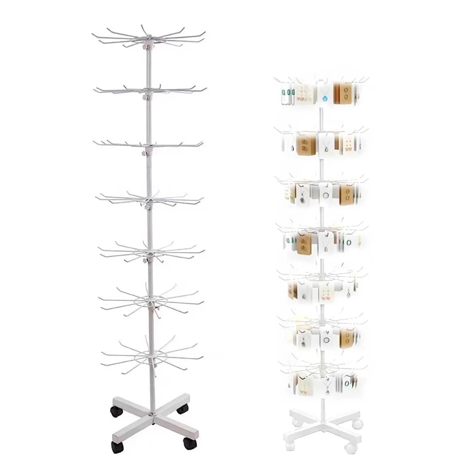 Stojak sprzedażowy, obrotowy, 7-stopniowy, Ø 40 cm, wys. 160 cm, stojak na ekspozycję z haczykiem, stojak na biżuterię, stojak na haczyki, na łańcuszek, szale, skarpety, pocztówki (biały)