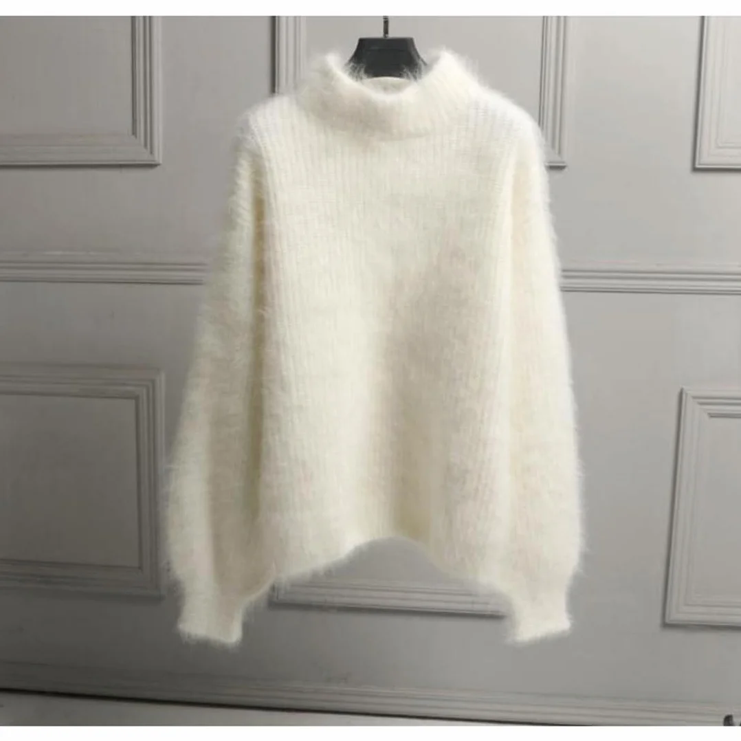 Damski zimowy sweter z mieszanki kaszmiru angora, luźny ciepły sweter, jednolity kolor, okrągły dekolt, dzianinowy pulower, puszysty sweter