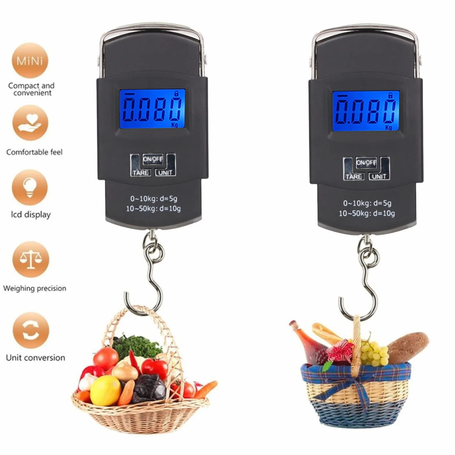 Sxhlseller Wagi bagażowe z wyświetlaczem cyfrowym, przenośna waga do ryb o udźwigu 50 kg, przenośna waga z 4 jednostkami masy na zakupy, podróże, wędkarstwo