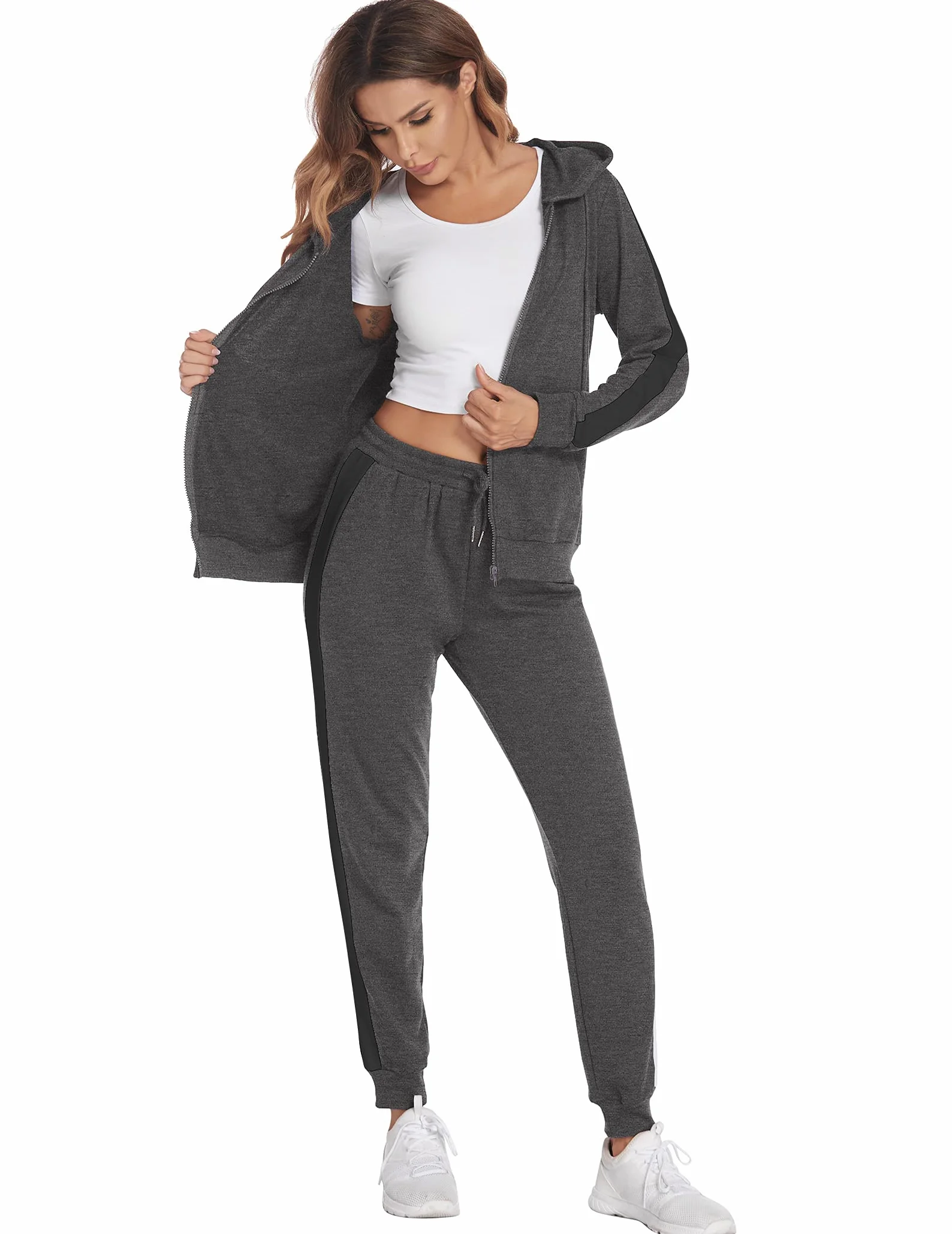 Parabler Dres do joggingu, damski, dwuczęściowy dres treningowy, dres damski, dres sportowy, poliester, dres rekreacyjny, kurtka z kapturem i spodnie sportowe, rozmiar S-XXL