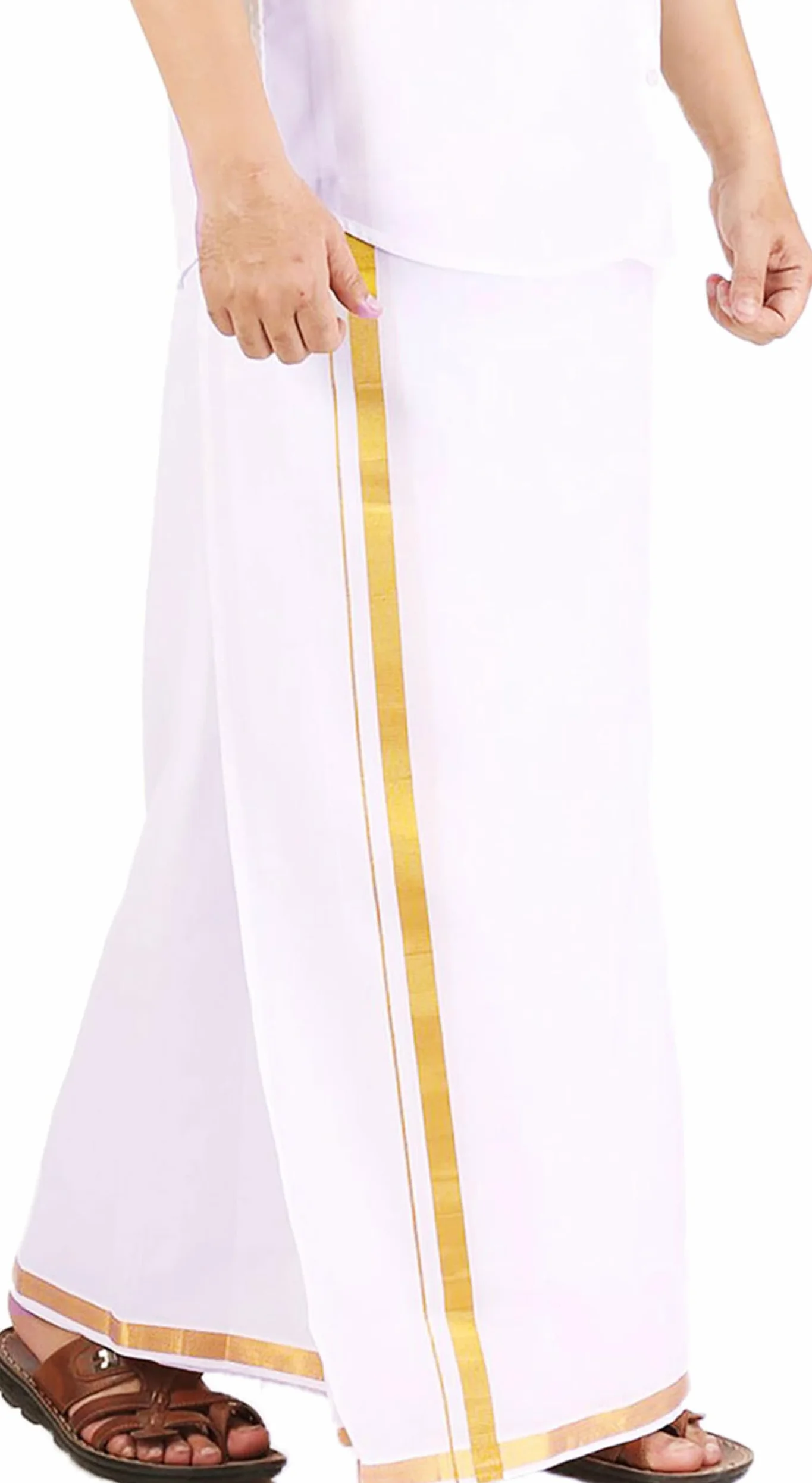 PRAKASAM COTTON Męski kremowy kolor wysokiej jakości Welcro Pocket Jari Cotton Double Dhoti (PC-VEL-PKT-DBL-CREAM-SS-), biały, 30