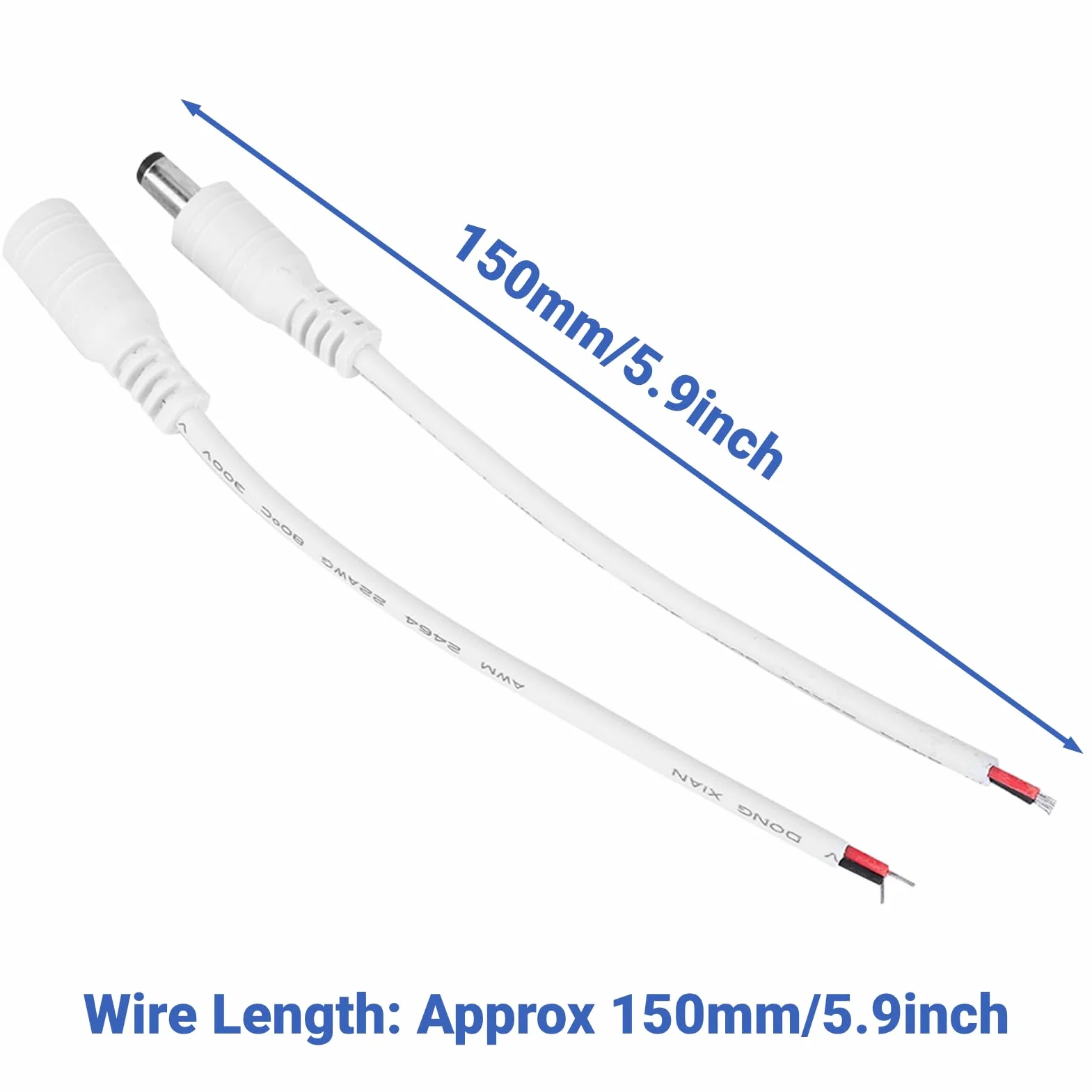 Złącze Zasilania DC 5,5x2,1mm, Męsko-Żeńskie, Zestaw 5 Par, Biały, z Przewodem (Biały)