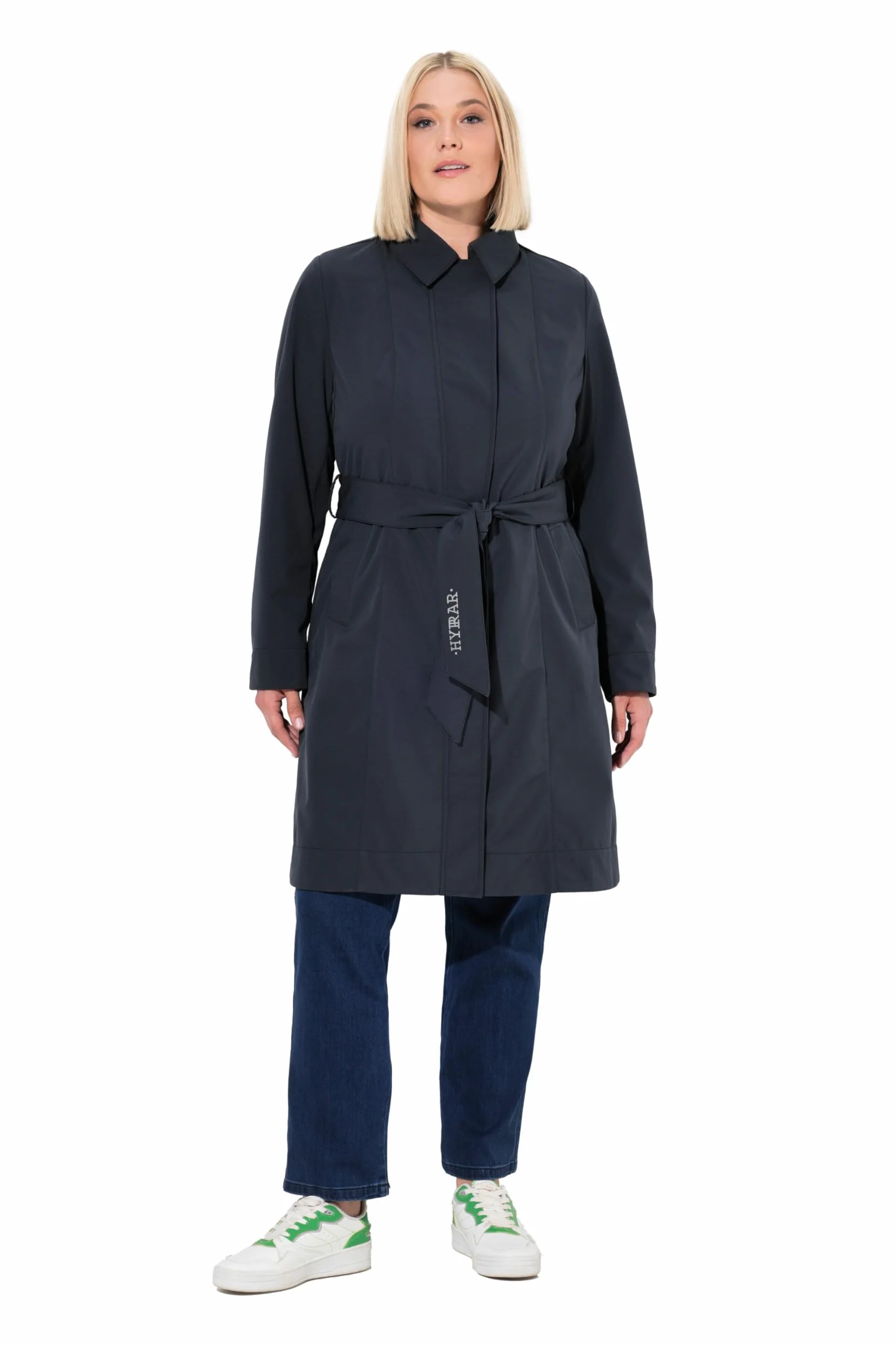 Ulla Popken Hyprar damski trencz softshell, wodoodporny, płaszcz na pasek, morski, 54-56