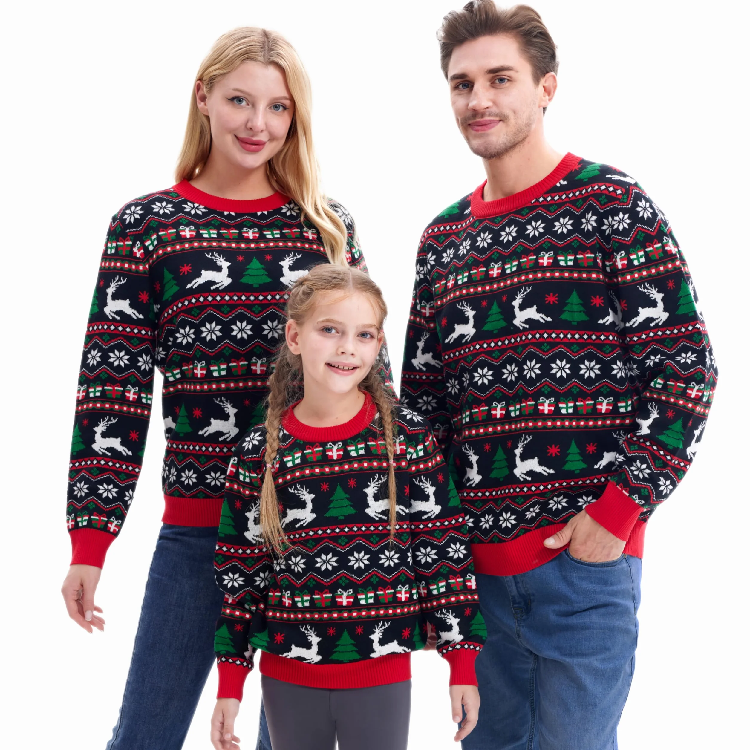 Giggling Getup Dopasowany rodzinny sweter bożonarodzeniowy, słodki świąteczny sweter z długim rękawem, czarny brzydki sweter bożonarodzeniowy