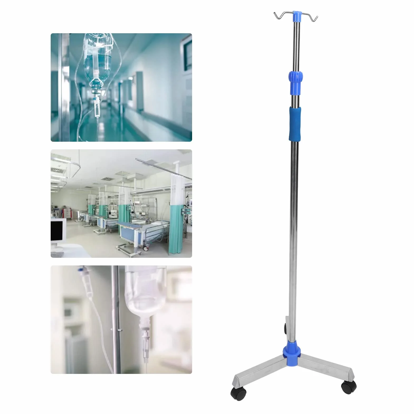 Stojak na KroplóWkę, Regulowany Stojak na KroplóWkę ze Stali Nierdzewnej Stojak na KroplóWkę ze Stali Nierdzewnej z 2 Haczykami i KółKami do Kliniki Domowej PrzenośNy Stojak na Stojak na KroplóWkę