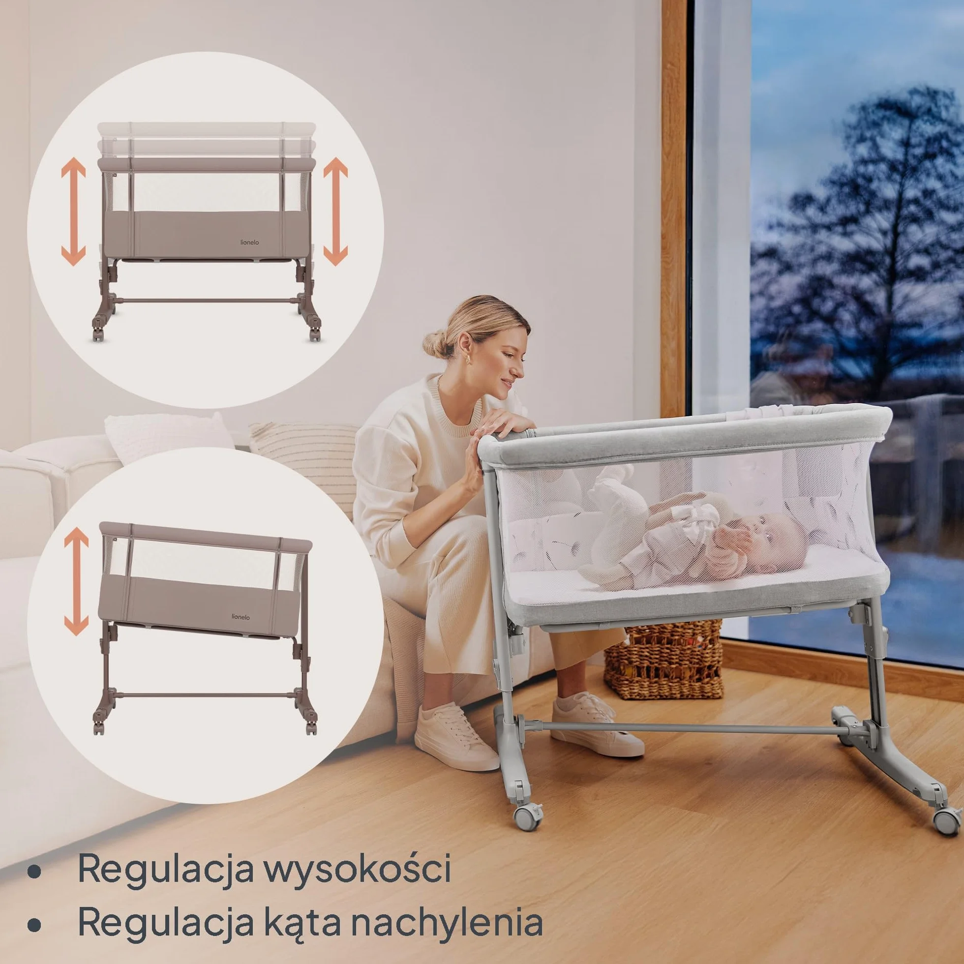 LIONELO Aurora 3 w 1 Łóżeczko Dziecięce do 9 kg, Łóżko Dostawne, Kołyska, Regulacja Wysokości oraz Kąta Nachylenia Materaca, 4 Kółka z Hamulcem Ergonomiczny Materac Torba (Szary)