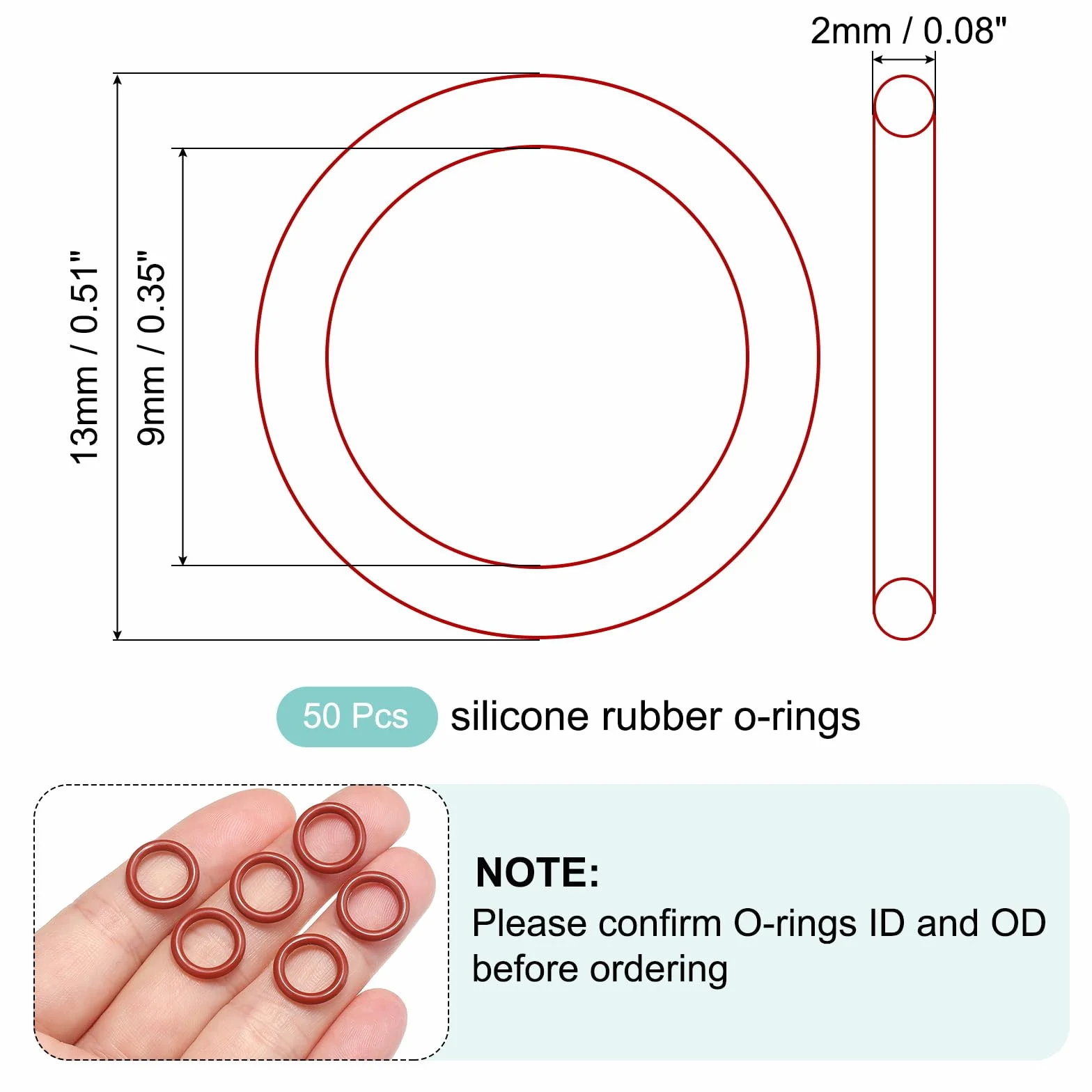 QUARKZMAN Silikonowy o-ring 9 mm ID 13 mm OD 2 mm szerokość metryczna uszczelka VMQ, zamiennik durometru 50 A, do naprawy zaworów armatury sanitarnej (czerwona, opakowanie 50)