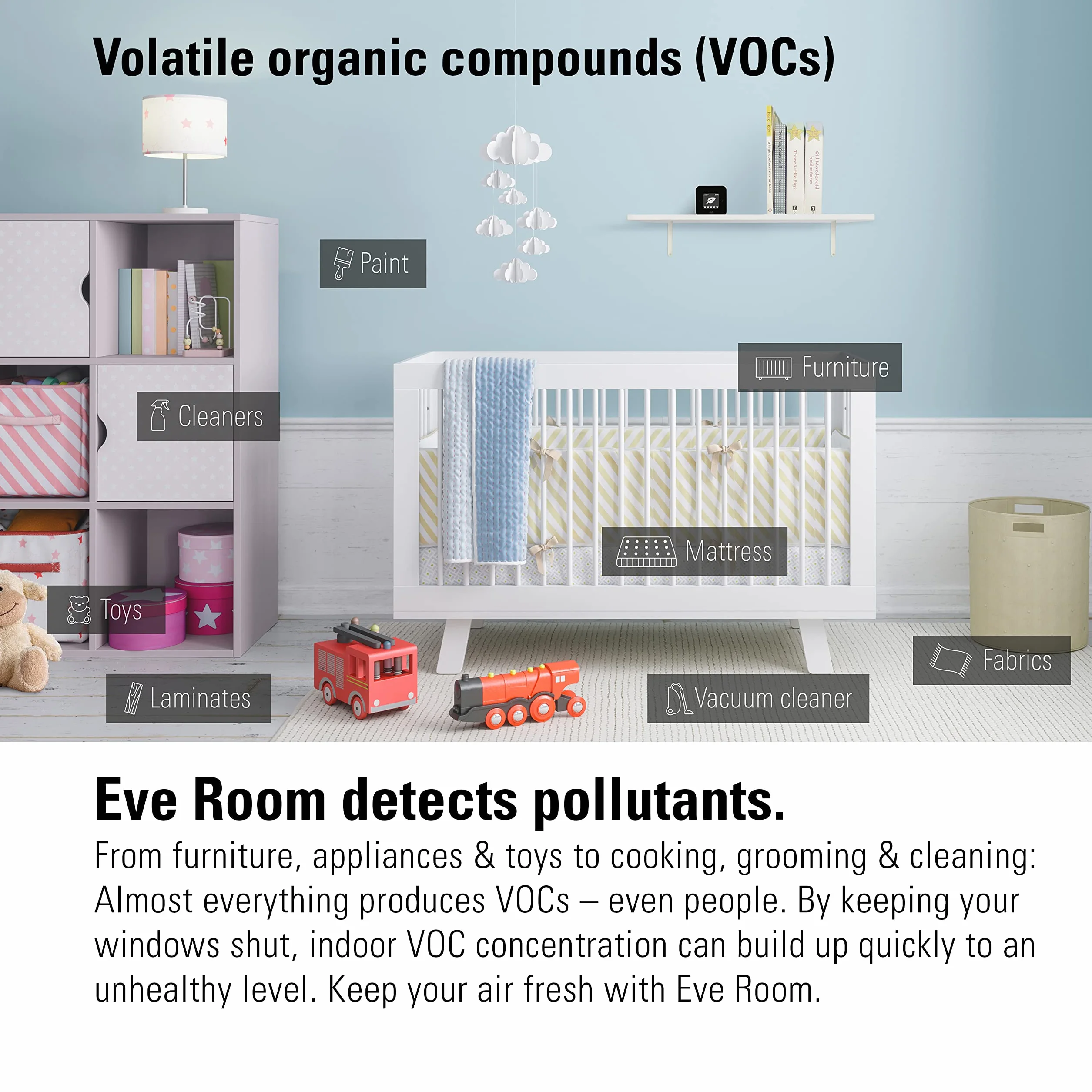 Eve Pomieszczenie: Czujnik jakości powietrza do monitorowania jakości powietrza (LZO), temperatury i wilgotności, technologia Apple HomeKit, Bluetooth, gwint