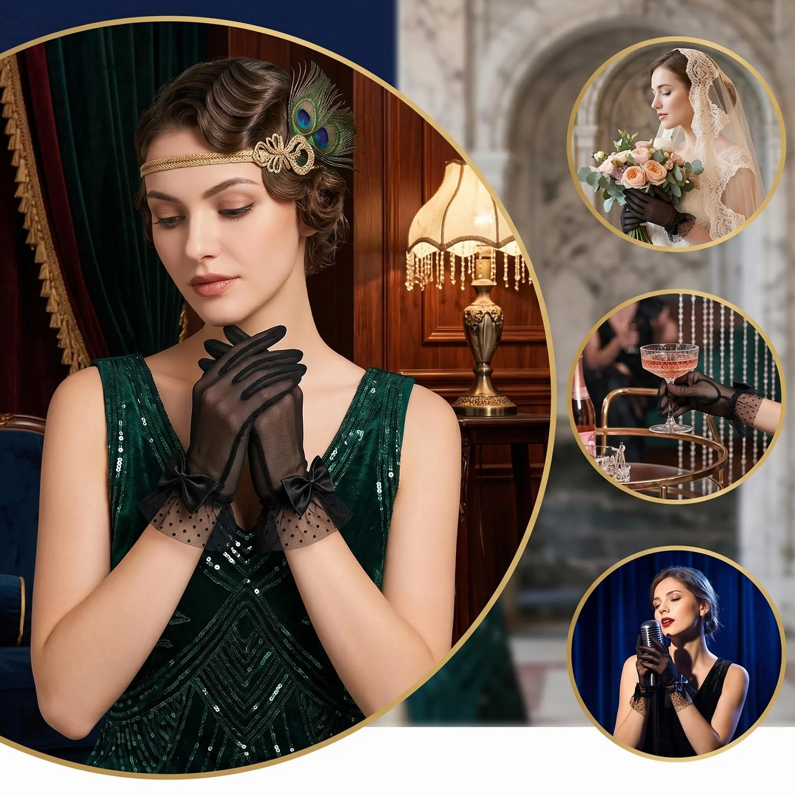 Koronkowe rękawiczki damskie, siateczkowe, damskie rękawiczki koronkowe, eleganckie rękawiczki dla panny młodej, krótkie rękawiczki koronkowe, czarne, z kokardką, tiulowe, elastyczne, na