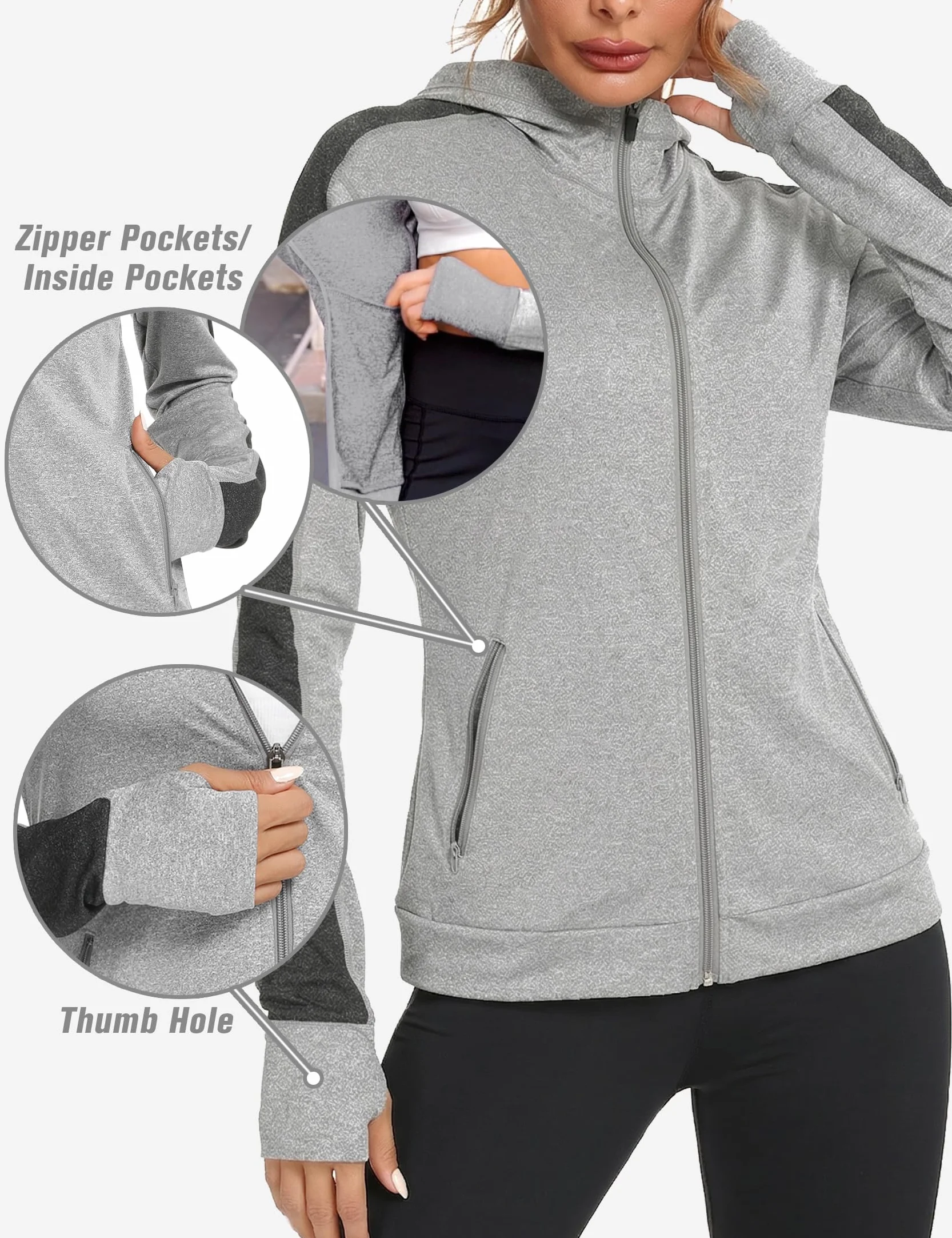Damska kurtka do biegania, sportowa kurtka z długim rękawem, kurtka treningowa, bluza z kapturem, oddychająca, z otworem na kciuk i kieszenią, do biegania, jogi, fitnessu, szary, M