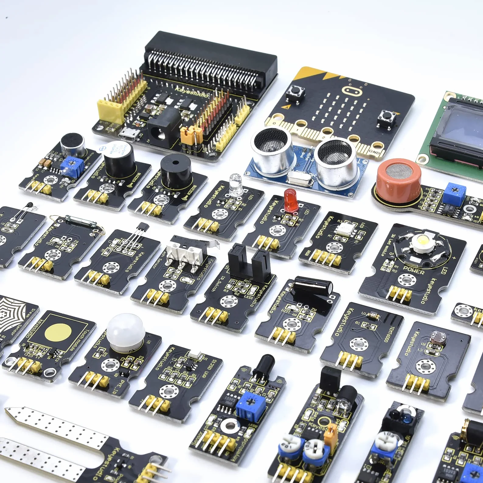 KEYESTUDIO 45 czujników, zestaw startowy z mikrofonem do BBC Microbit V2.2, czujnik Breakout Board,i2c LCD, czujnik gazu, poziom wody, przekaźnik itd. z kodowaniem tutorials, dla dzieci i dorosłych