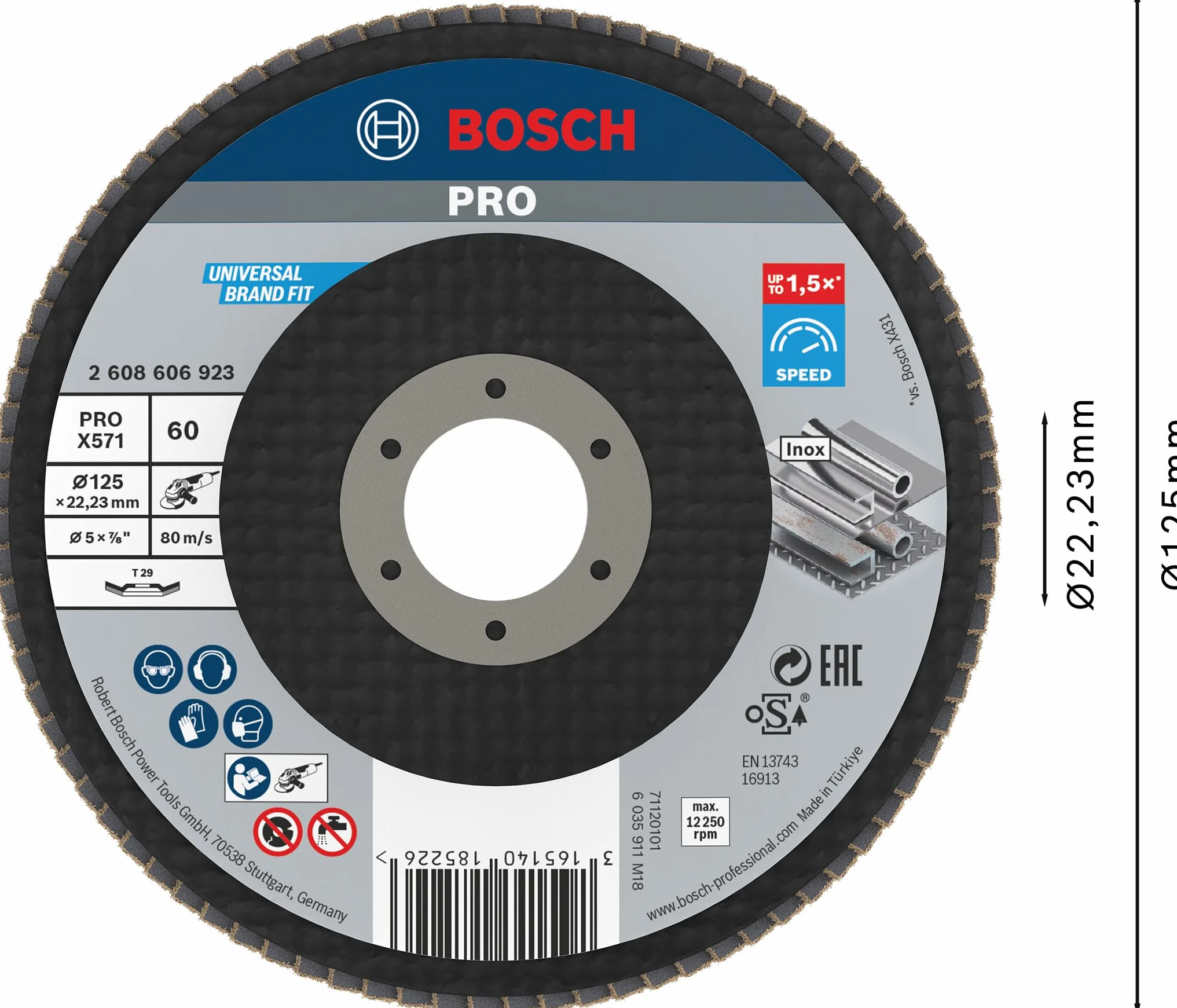 Bosch Professional Tarcza Listkowa X571 Best For Metal+Inox 125mm G60 Wygięta (do stali, stali nierdzewnej, INOX, spawów, Akcesoria do Szlifierek Kątowych)