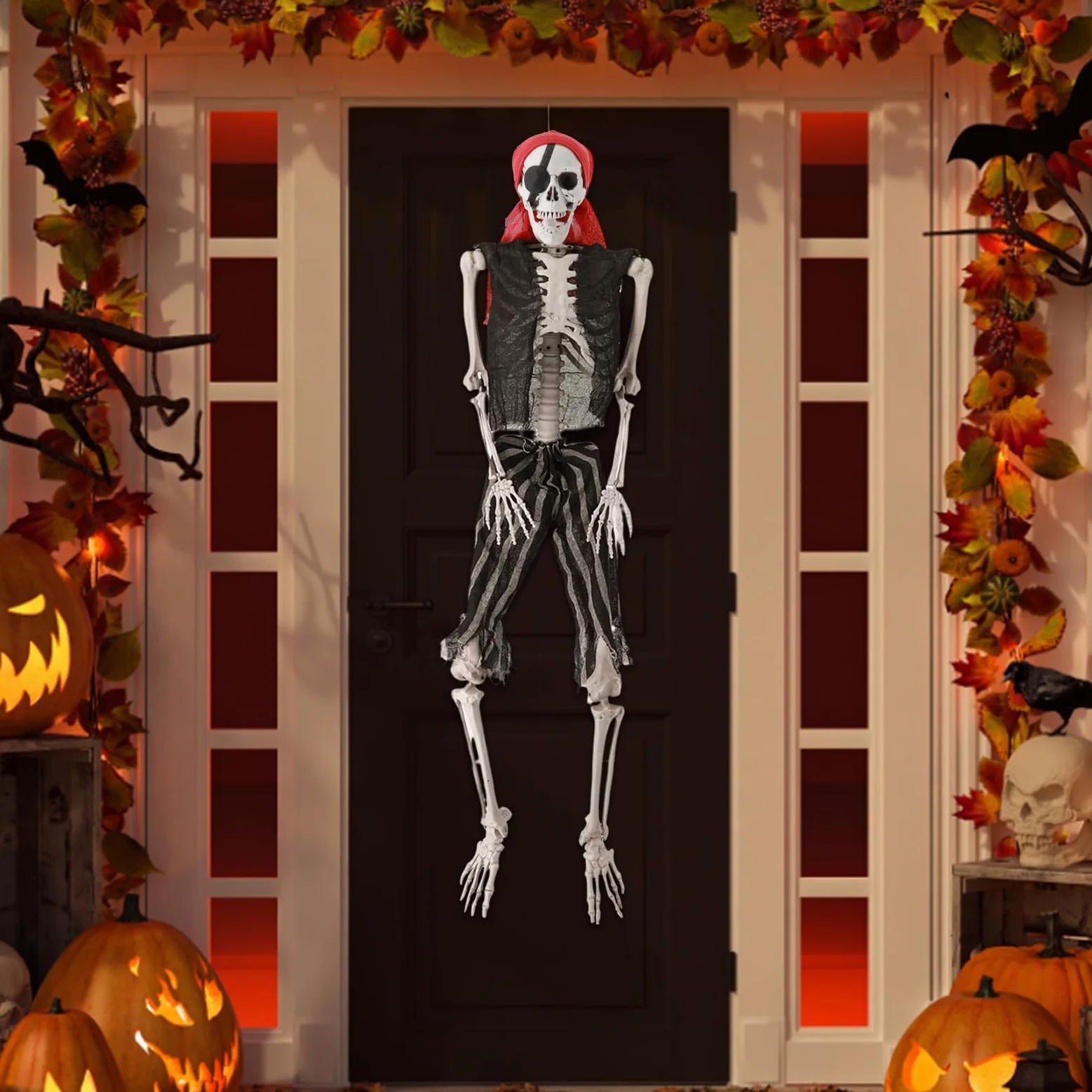 Grebest Szkielet na Halloween, szkielet naturalnej wielkości, możliwy szkielet całego ciała z ruchomymi stawami, strój pirata, wiszący rekwizyt szkieletu do wewnątrz/na zewnątrz nawiedzony dom