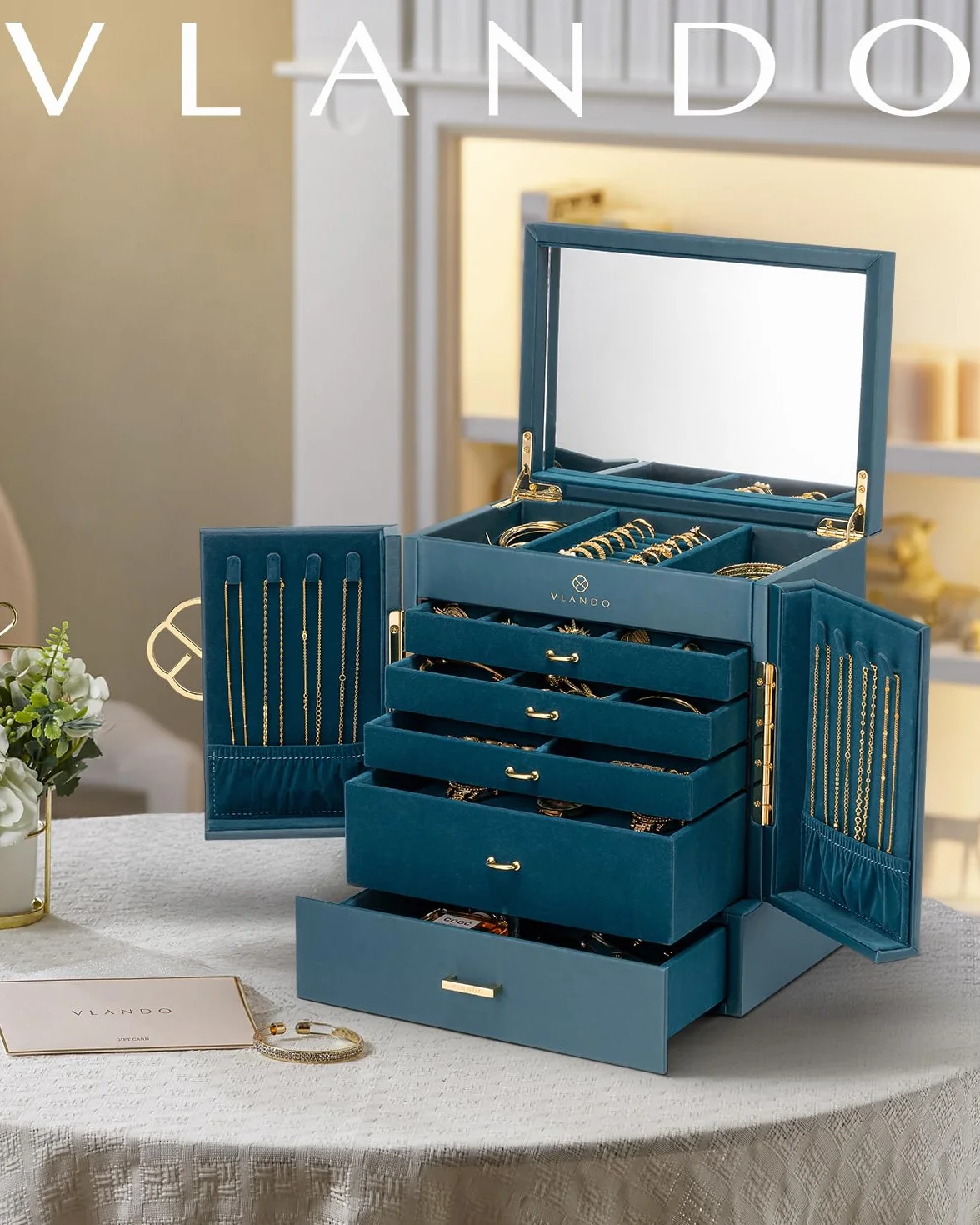 Vlando Duża szkatułka na biżuterię w stylu vintage, 6 poziomów, organizer na biżuterię, duży XXL z lustrem, szufladami, do przechowywania biżuterii, szkatułka na biżuterię, na kolczyki, łańcuszki