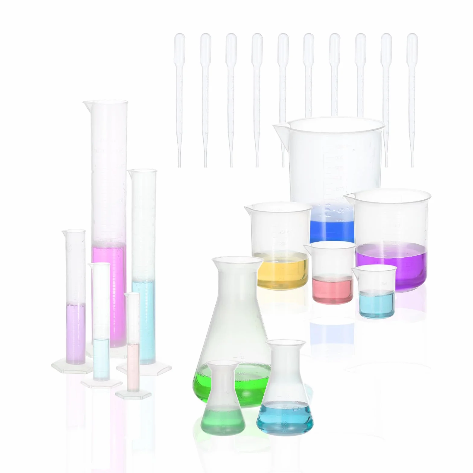 PATIKIL 5 szt. 10/25/50/100/250 ml PP plastikowy cylinder z podziałką 5 szt. 50 ml/100 ml/250 ml/500 ml/1000 ml plastikowa zlewka i 3 szt. 50 ml/100 ml/500 ml kolba, 10 szt. 3 ml plastikowa pipeta