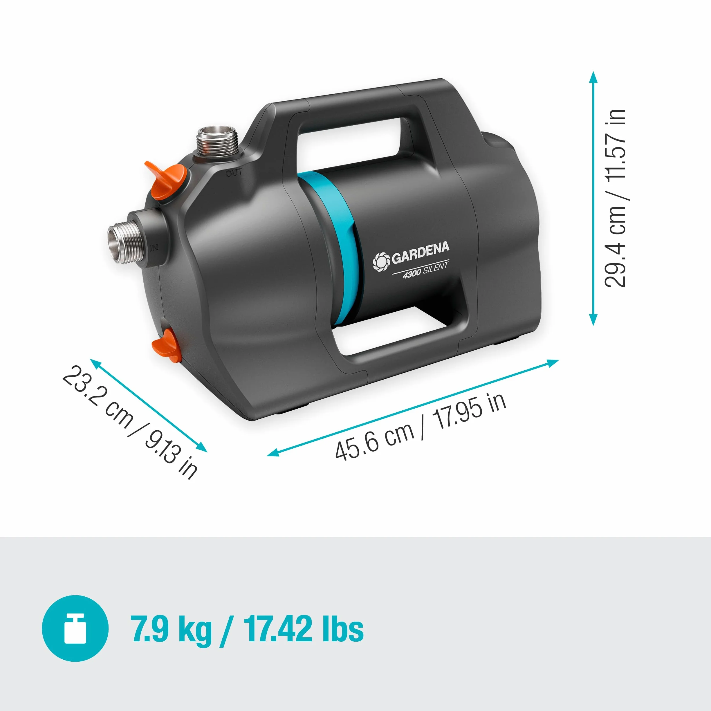 Gardena pompa ogrodowa 4300 Silent: Cicha pompa nawadniająca z innowacyjną obudową, tłoczenie 4300 l/h, silnik 650 W, podwójny system uszczelek, energooszcz. i wodotrwała (9056-20)