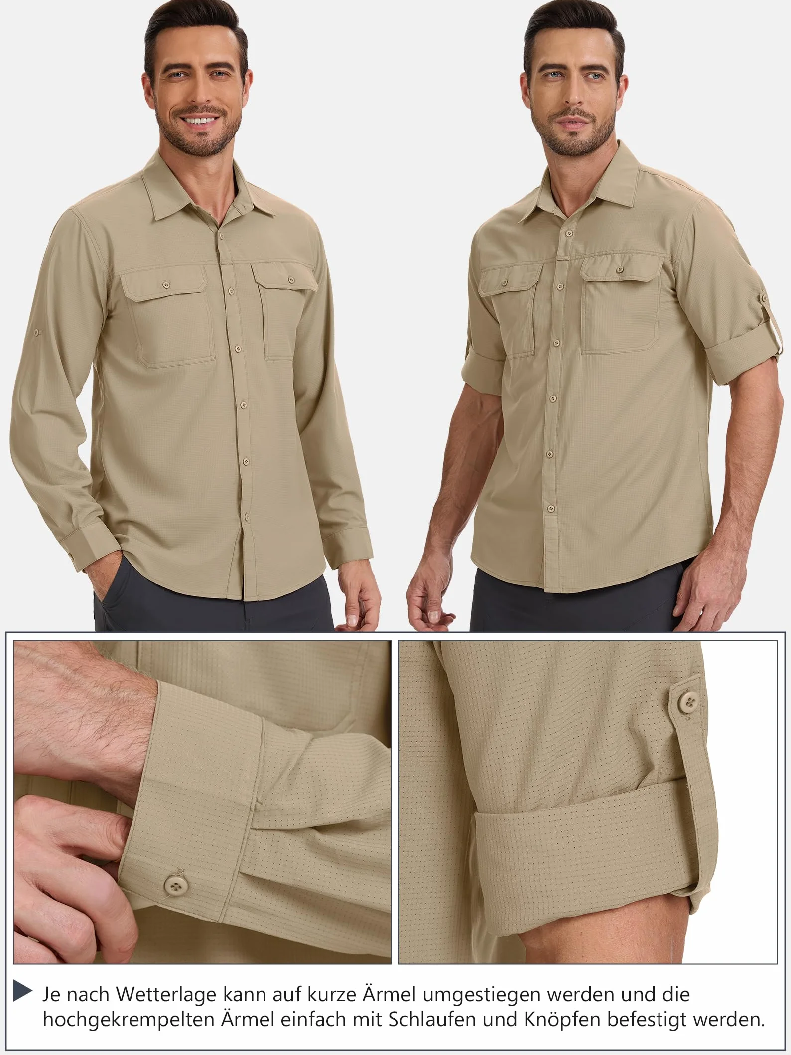 Safari koszula męska, UPF50+, ochrona przed promieniowaniem UV, koszula outdoorowa, męska, koszula funkcyjna, oddychająca, szybkoschnąca, koszula rekreacyjna, zapinana na guziki
