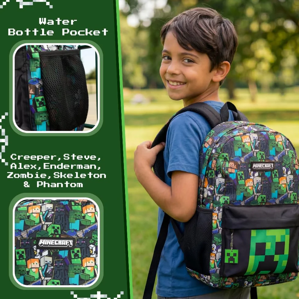 Minecraft Opcje plecaka szkolnego dla chłopców, plecak dla graczy z pnączami, zombie, szkieletem, endermana i pająkiem jaskini, torba z postaciami do szkoły, podróży, gier, jednodniowych wycieczek |