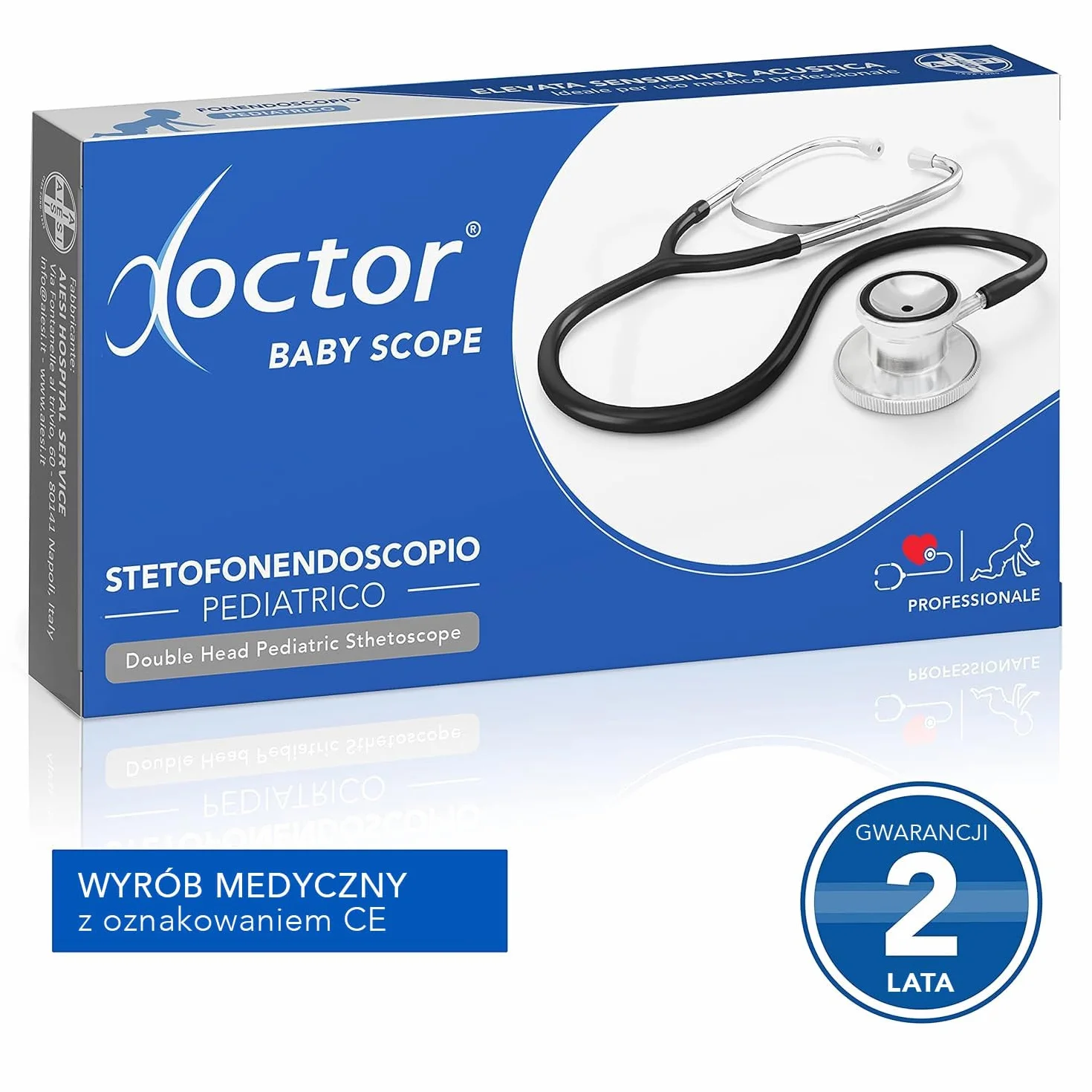 AIESI® Stetoskop Dziecięcy, profesjonalny fonendoskop z podwójną głowicą, czarny DOCTOR BABY SCOPE, 24 miesiące we Włoszech