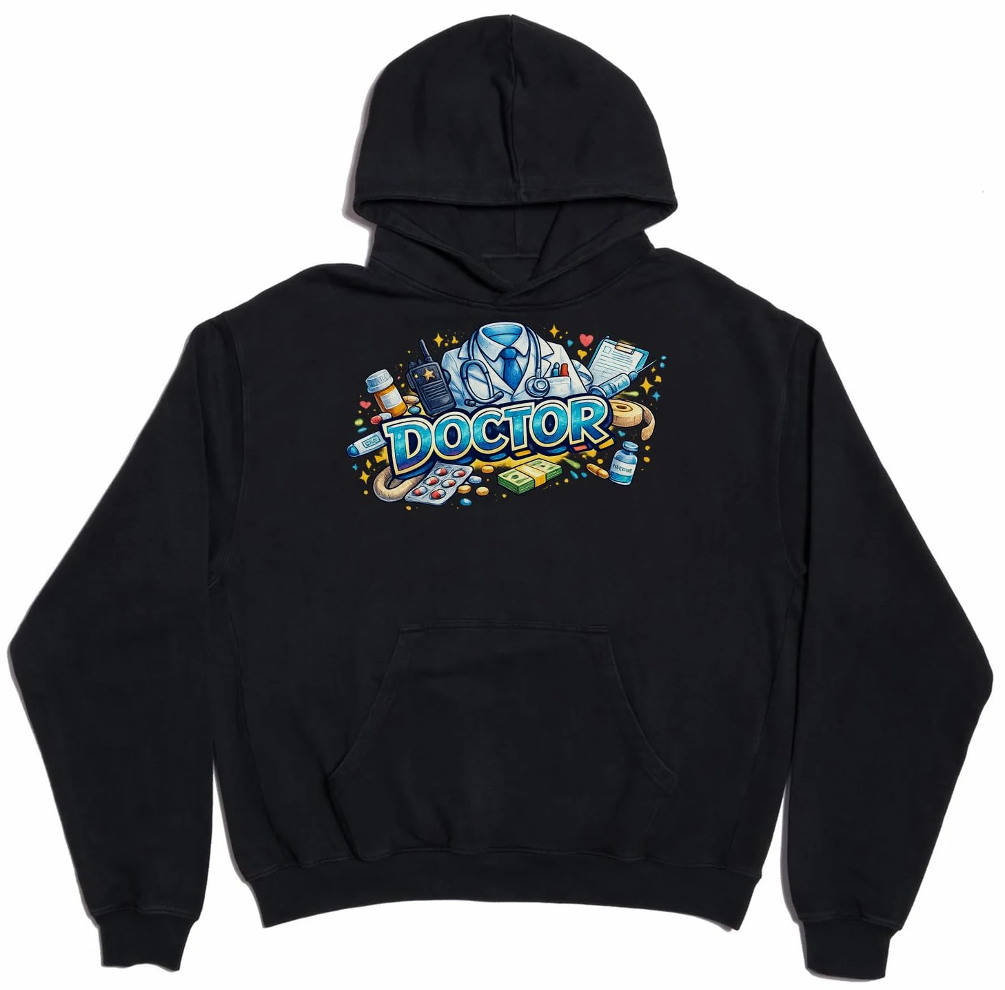 Symbole zawodu medycznego i opieki zdrowotnej unisex oversize ciężka mieszanka bawełny bluza z kapturem czarna