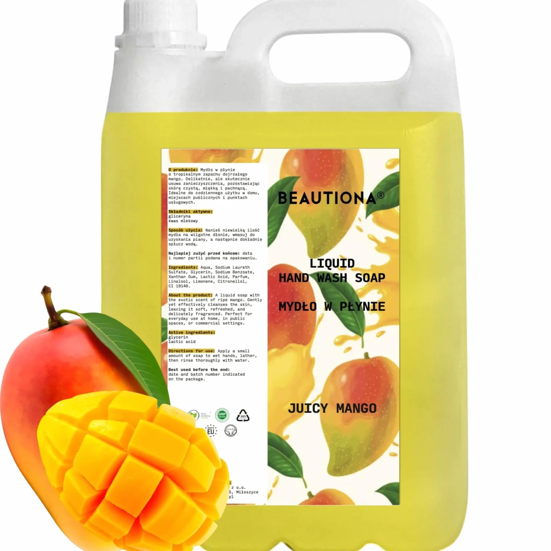Mydło w płynie Juicy Mango 5 l – do ciała i rąk, nawilżające, z gliceryną, neutralne pH, profesjonalne, do domu, hotelu, salonu, biura