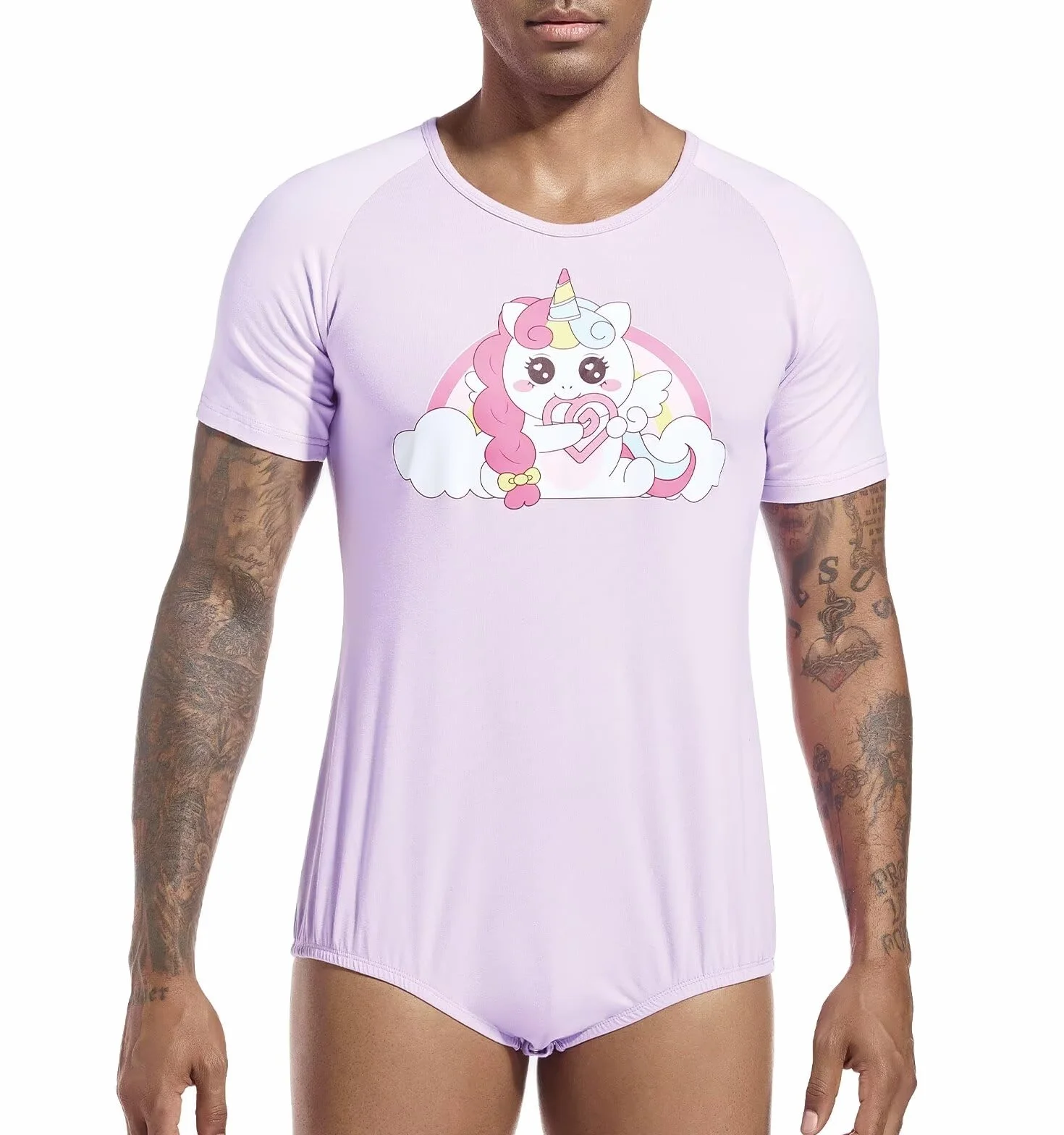 Landofgenie Onesie Piżama Męskie Bodysuit Dolne Krocze Top Koszula Raglan Rękawy Rompers dla Mężczyzn Fioletowe Piżamy z Nadrukiem Jednorożca