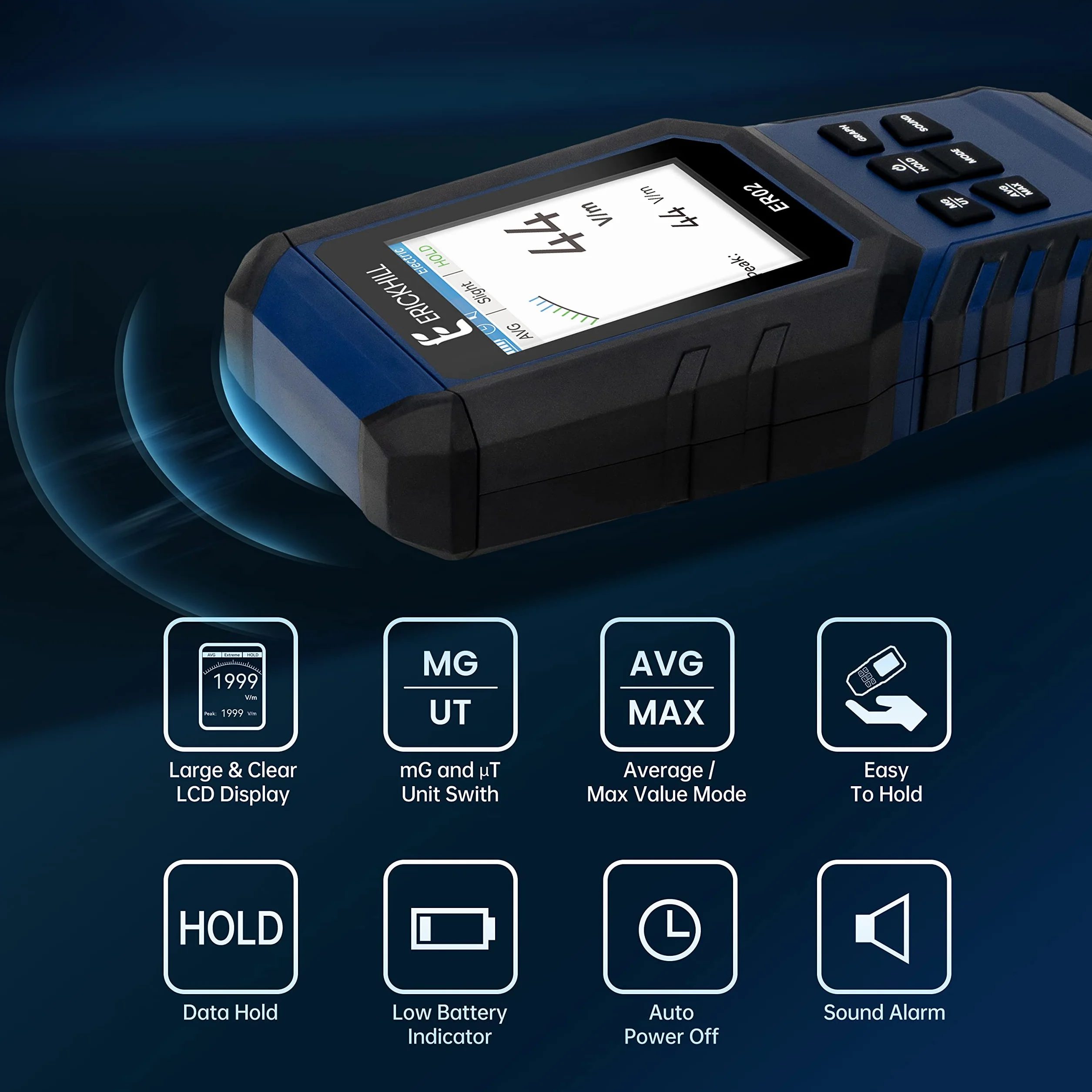 ERICKHILL Miernik EMF ER-02, kontrola EF/MF/RF, do ponownego ładowania, cyfrowy wyświetlacz LCD, do domu, biura, na zewnątrz
