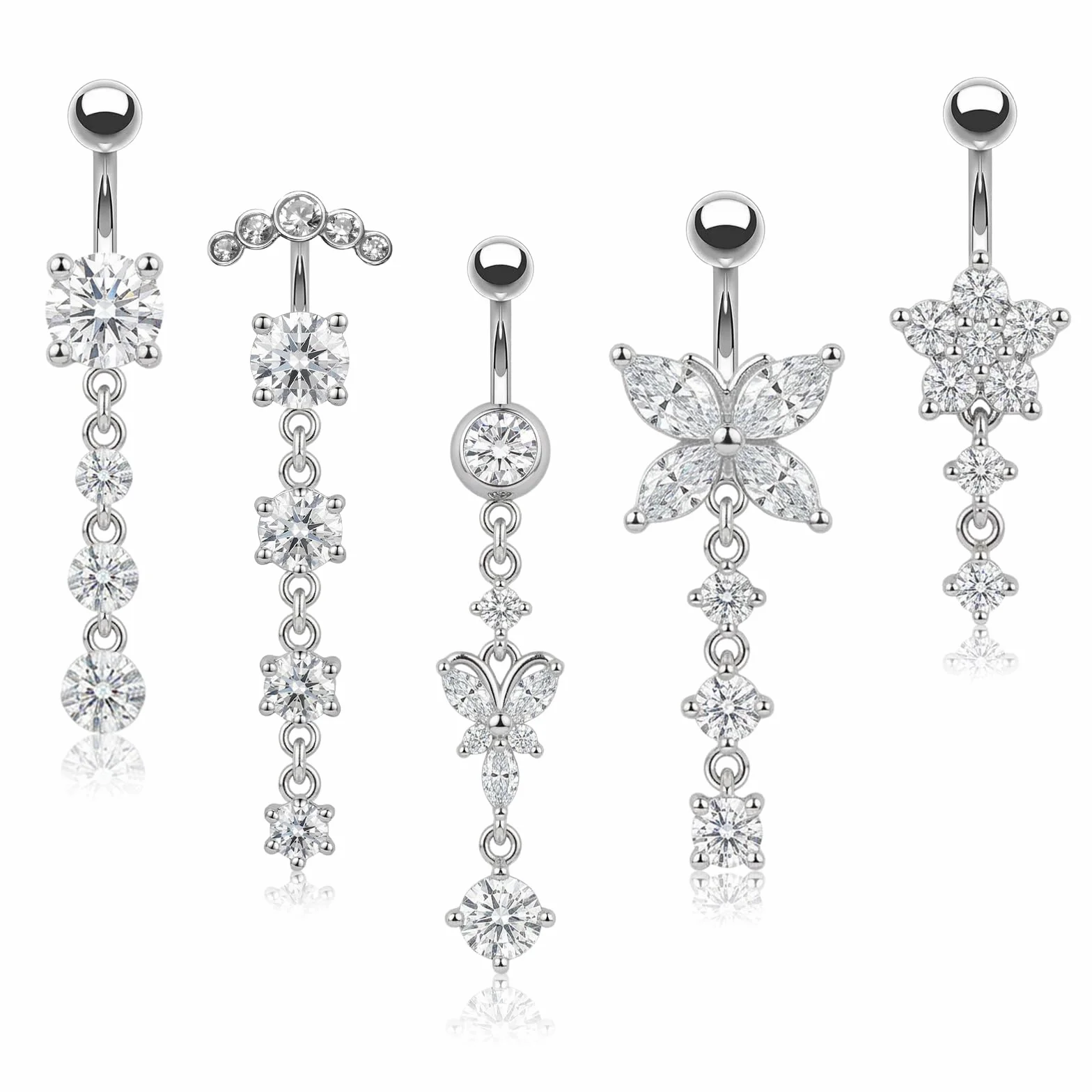 5 sztuk srebrnych kolczyków do pępka: piercing do pępka ze stali nierdzewnej 304, piercing do pępka 12 mm, długość pręcika 10 mm, kolczyk do brzucha, motyle, kwiaty, zawieszka dla kobiet i