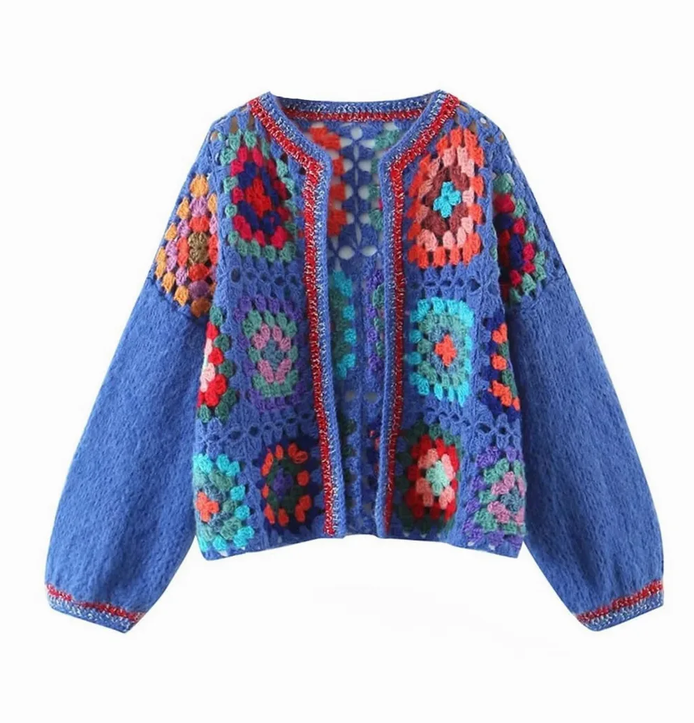 Dninmim Damski sweter z długim rękawem, krótki dzianinowy kardigan, wydrążony haczyk w kratę, miękki sweter