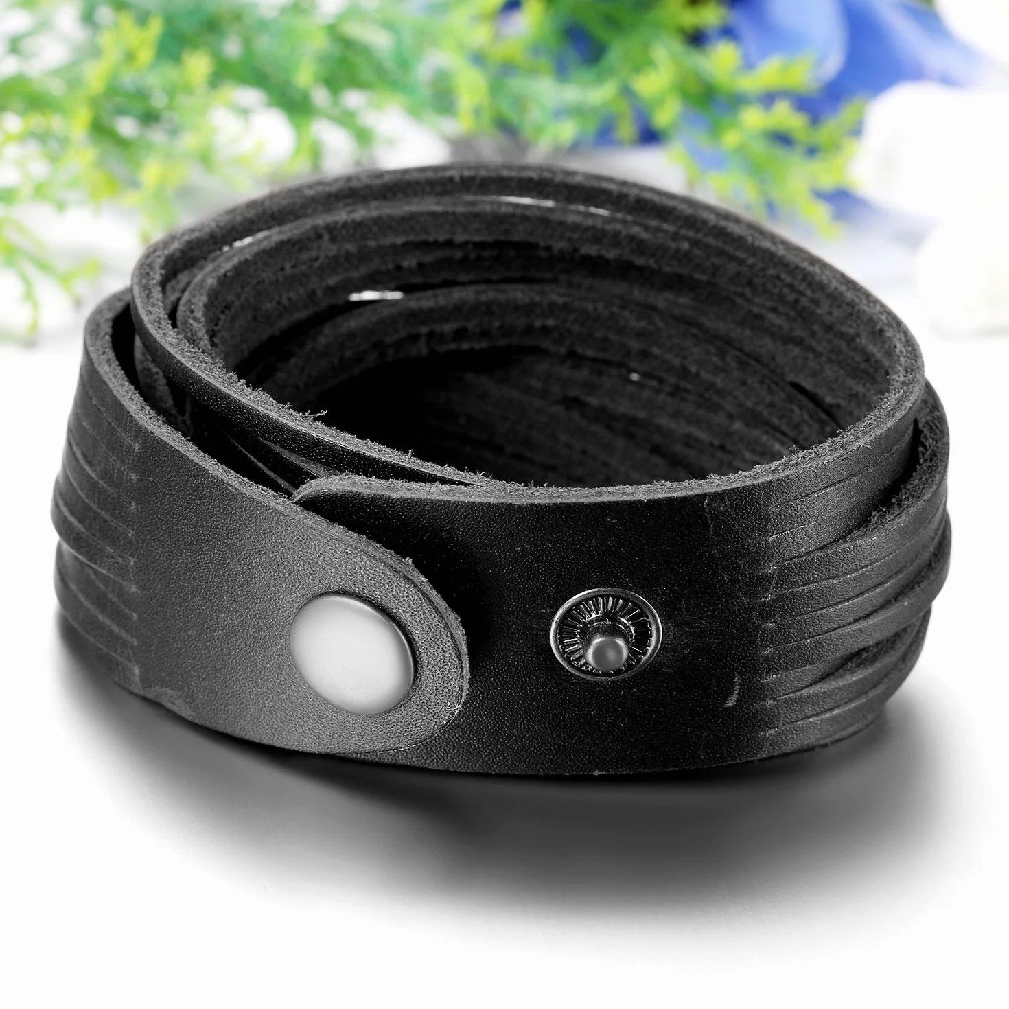 JewelryWe Biżuteria męska, szeroka skórzana bransoletka, punkowa, z zatrzaskiem, pleciona skórzana bransoletka, owijana, mankiet, regulowany rozmiar, kolor czarny/ brązowy, Skóra, Bez kamienia