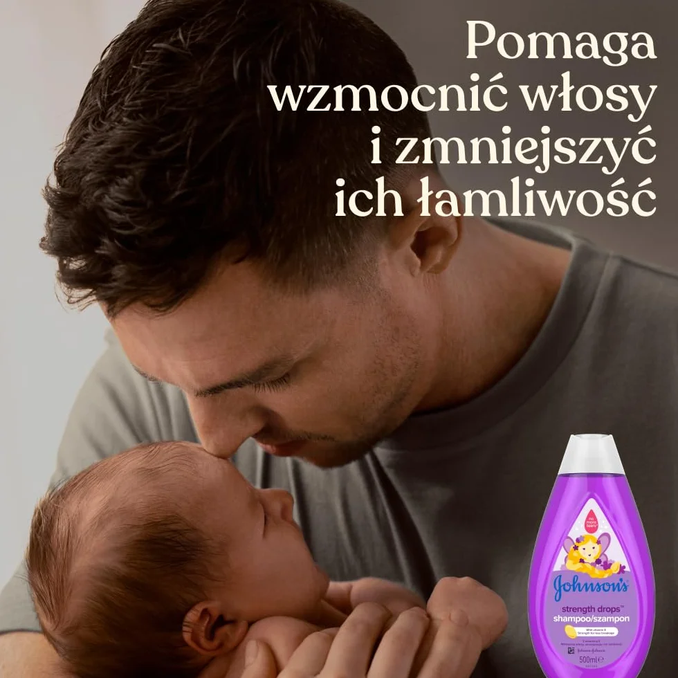 Johnson's Strength Drops szampon 500 ml, Szampon z witaminą E przeznaczony do pielęgnacji włosów, które wymagają wzmocnienia. Zmniejsza łamliwość włosów.