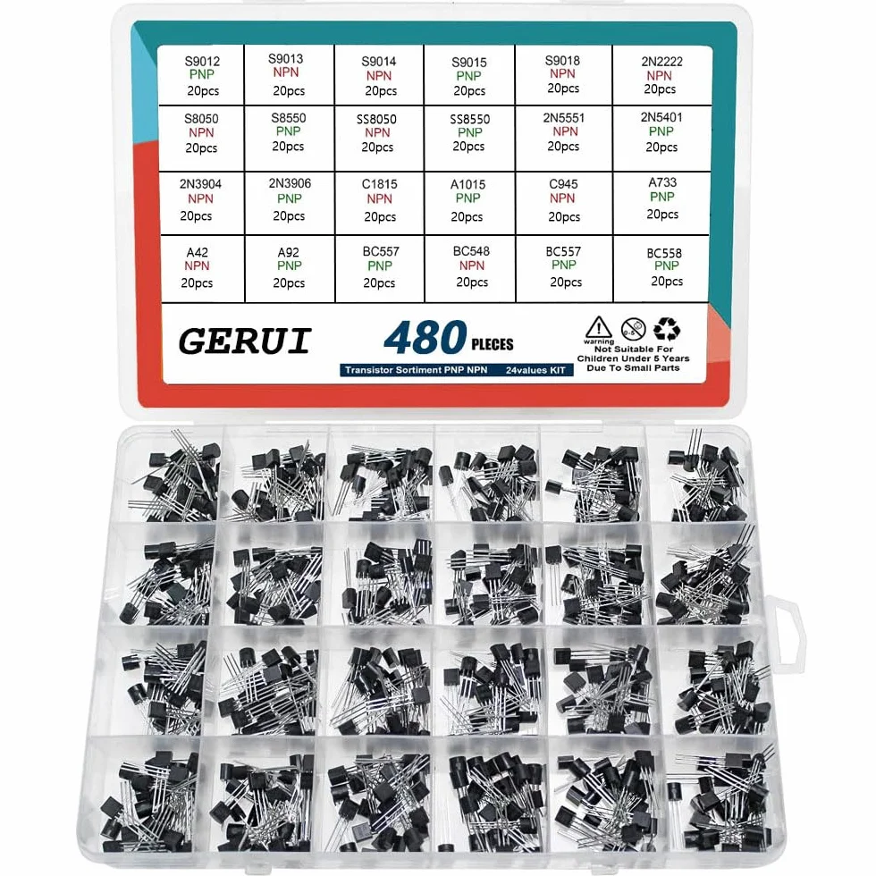 Tranzystor Assortment Kit 24 Values 480pcs PNP NPN Tranzystors S9012 S9013 S9017 S9015 S9018 2N2222 S8050 S8550 SS8050 SS8550 2N5551 2N540 1 2N3904 2N3906 C1815 A1015 C945 A733 A42 A92 BC547 BC548