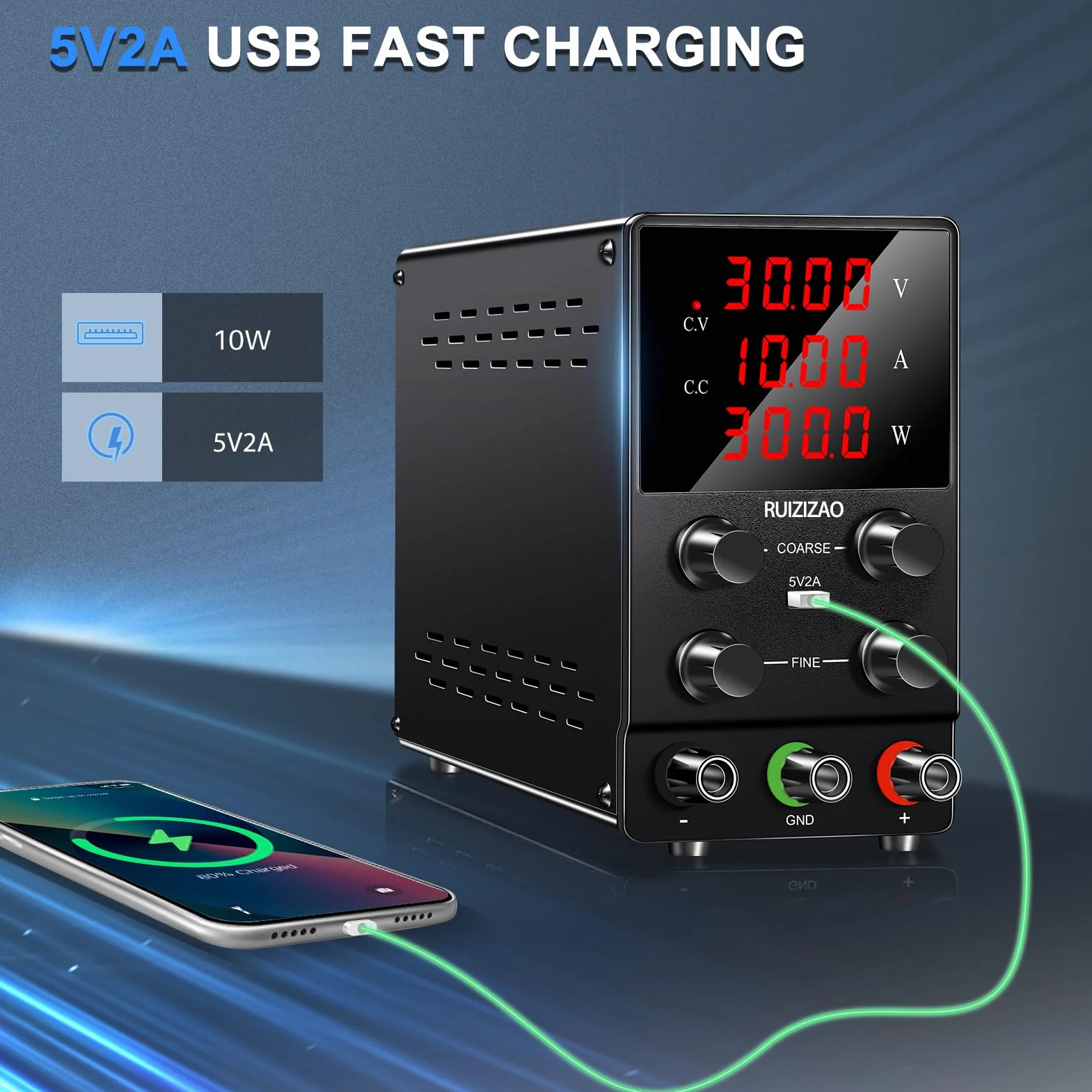 Zasilacz laboratoryjny 30 V 10 A regulowany 4-cyfrowy wyświetlacz LCD 5 V/2 A USB