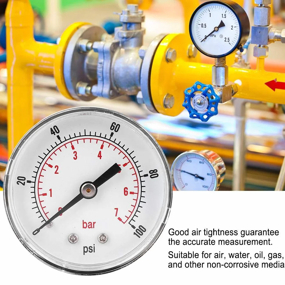 Manometr, tarcza 50 mm Osiowy manometr 1/4 BSPT z mosiądzu Manometr powietrza Tylne przyłącze do powietrza, wody, oleju, gazu (0-100 psi 0-7 bar)