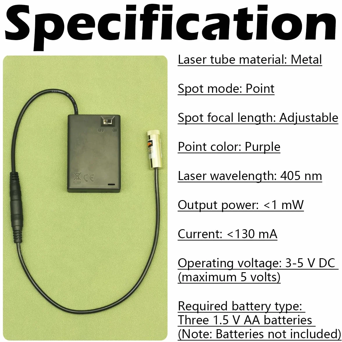 CTRICALVER Kit de módulo láser de foco ajustable, Diodo de módulo láser industrial de 405 nm, 3-5V, Conector DC de 2,1 mm + Kit de fuente de alimentación (Forma de la fuente de luz: Punto morado)