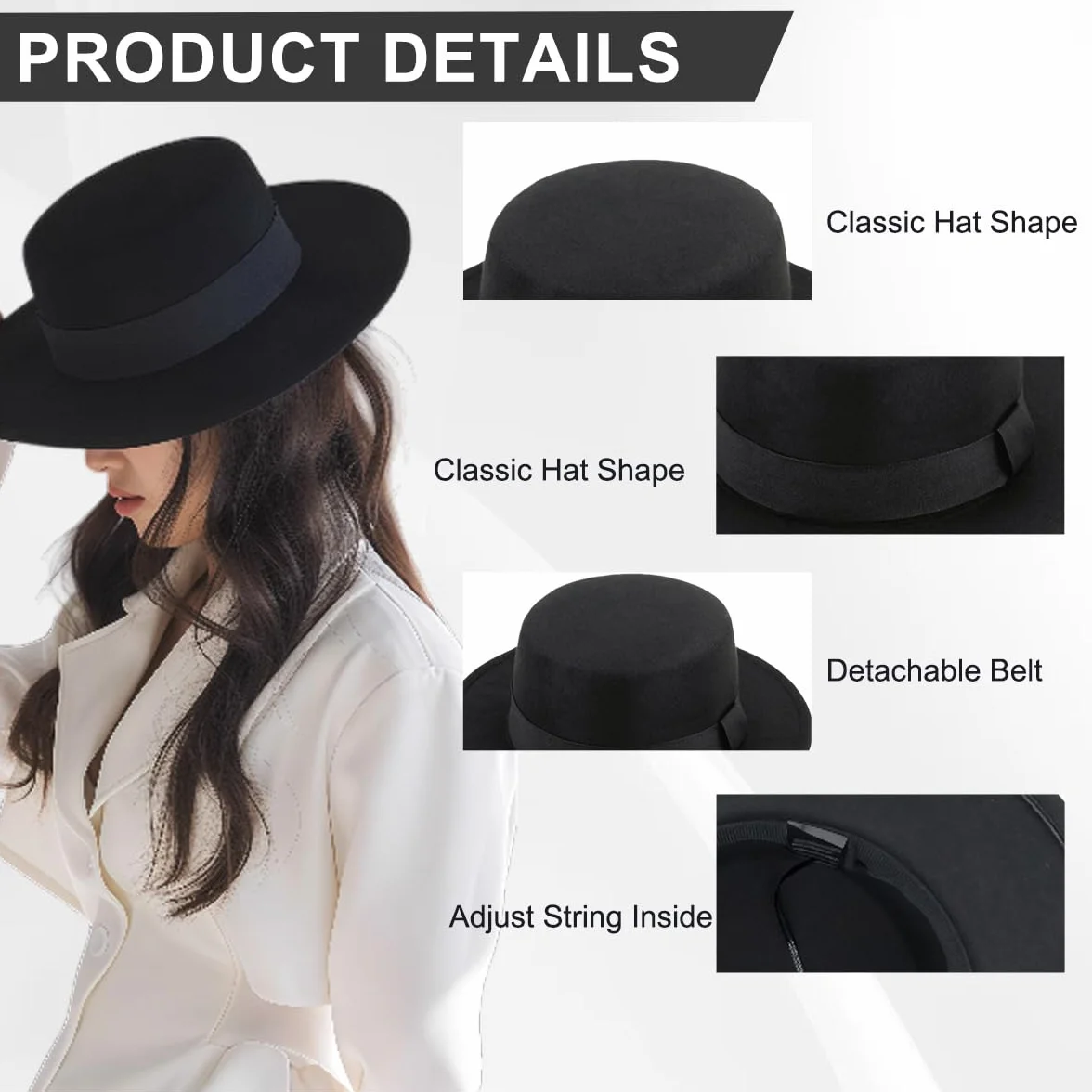 Moda czarna klasyczna mieszanka wełny płaski daszek elegancka czapka Fedora styl panama czapka typu melanż kapelusz z paskiem wstążkowym
