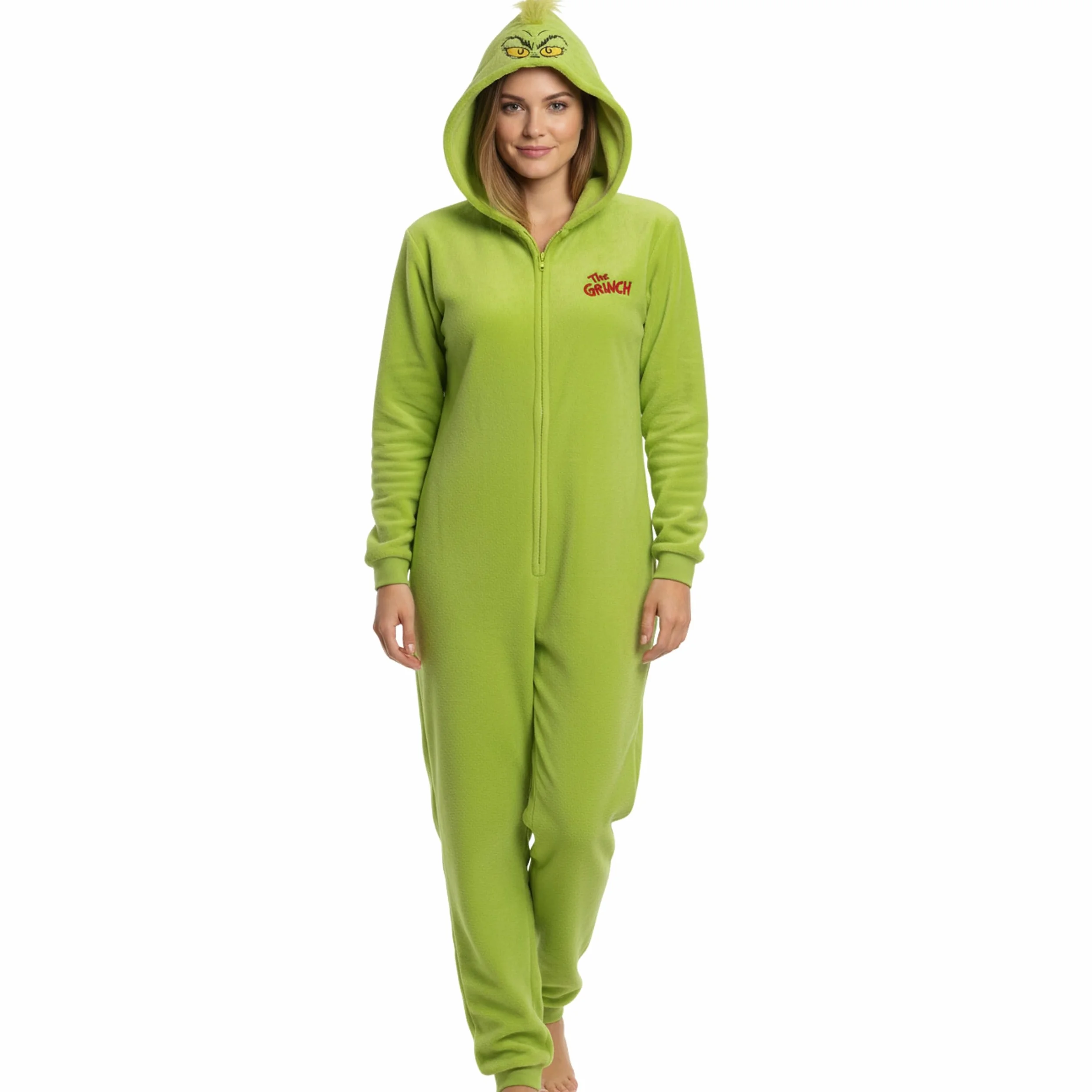 Grinch POLAROWA piżama JEDNOCZĘŚCIOWA zapinana na zamek, damskie CIEPŁE onesie z kapturem