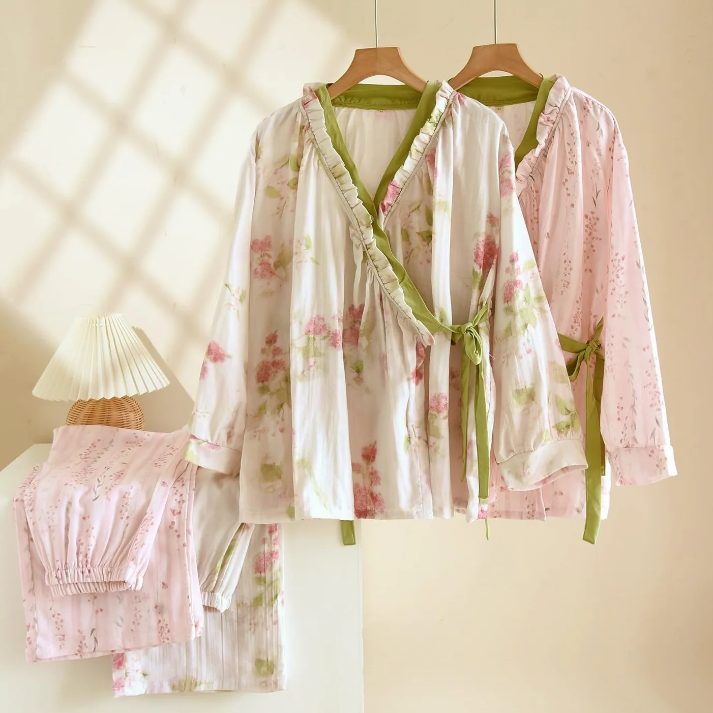 Japońskie kimono styl damska bawełniana piżama lekka bielizna nocna z długim rękawem