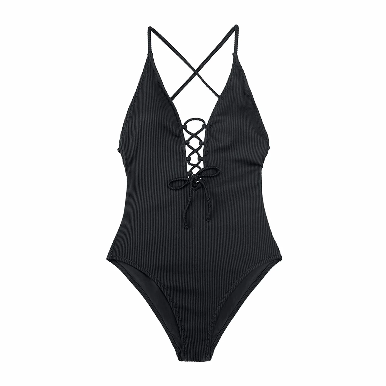 Dwuczęściowy strój kąpielowy Solidny jednoczęściowy strój kąpielowy Kobiety Backless Głębokie V Neck Lace Up Sexy Body Nowy strój kąpielowy na plaży Stroje kąpielowe Bikini Set (A XS)
