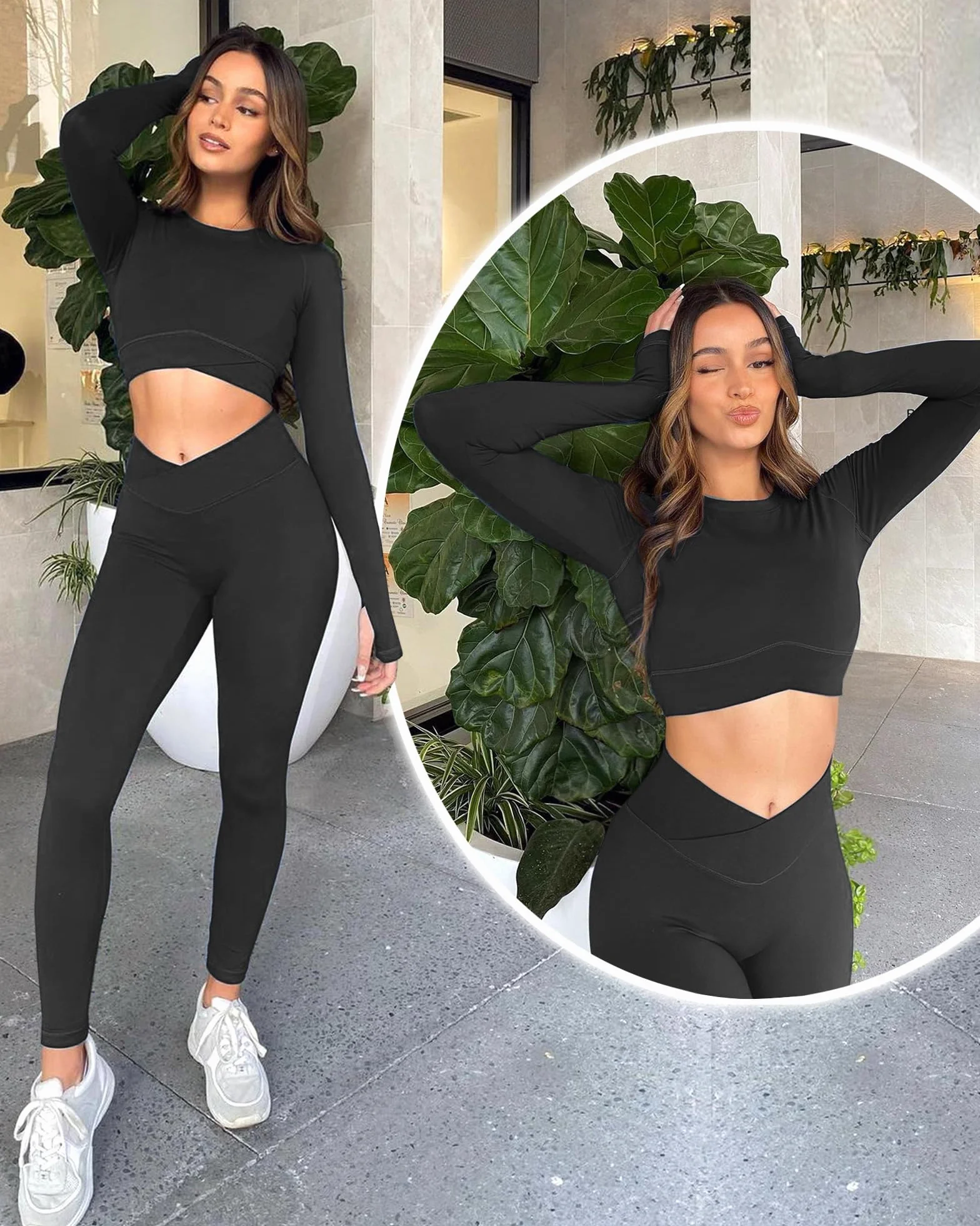 Navneet Zestaw sportowy damski długi rękaw bez pleców legginsy Scrunch
