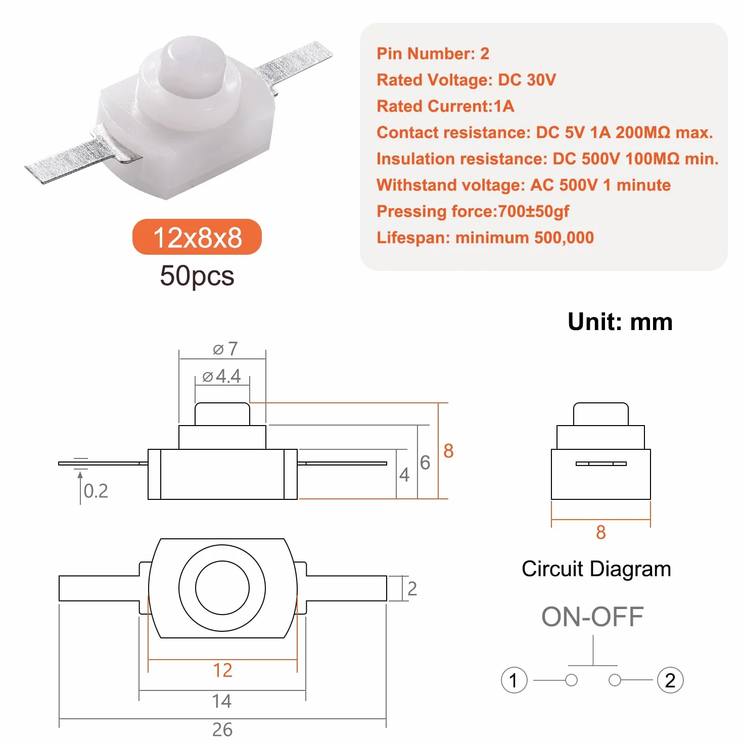 50 Sztuk 12x8x8 mm Zatrzaskowy Przełącznik Przyciskowy, Prosty Pin DC 30V 1A Elektryczny Przełącznik Latarki Przycisk, do Latarki Gniazdko Ścienne DIY, Biały