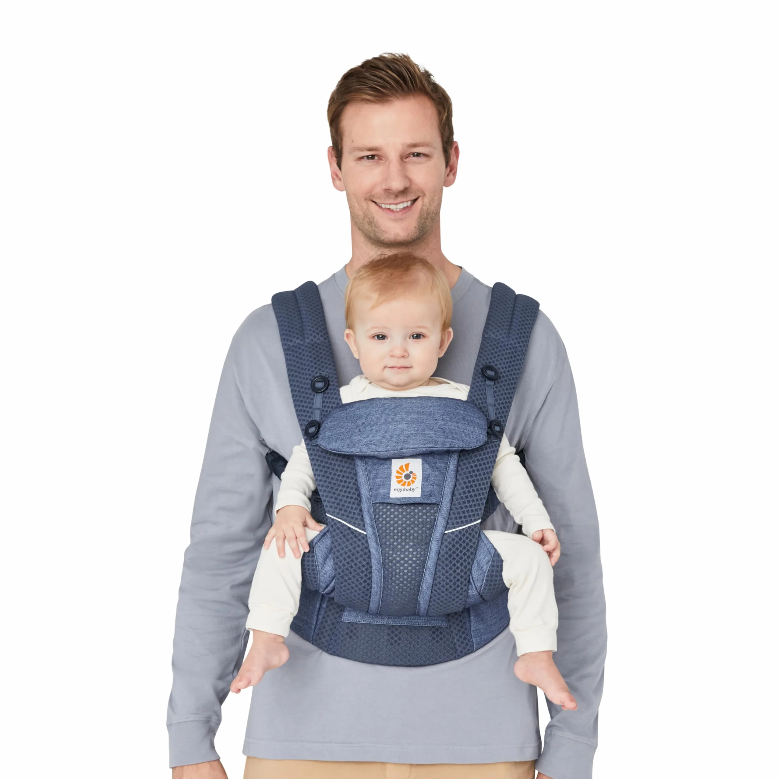 Ergobaby Omni Breeze Nosidełko dla noworodków od urodzenia do 20 kg, 4 pozycje SoftFlex Mesh Ergonomiczne nosidełko dla niemowląt Nosidełko do noszenia na plecach, Heathered Denim Blue