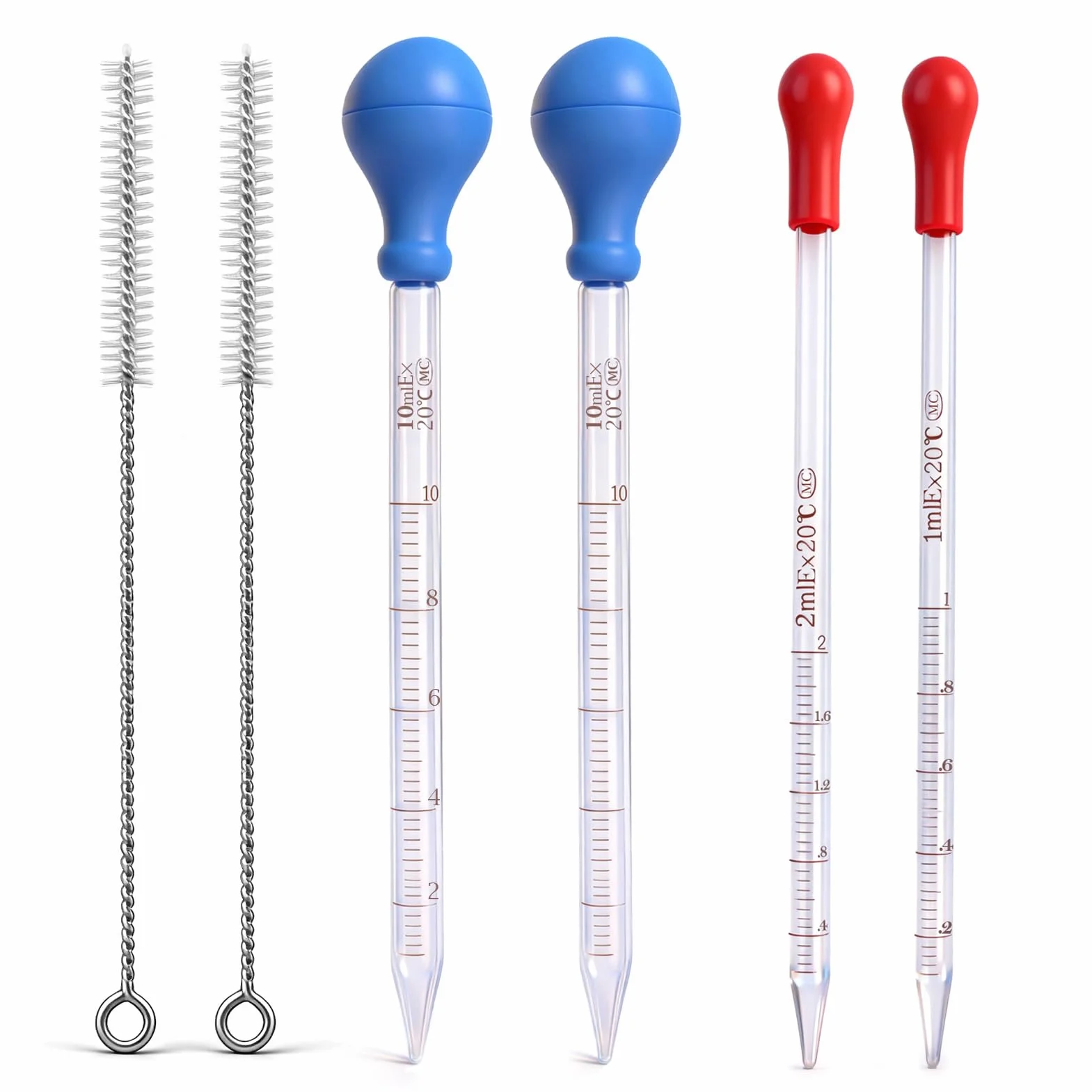 Zestaw pipety szklanych, pipeta szklana ze skalą, pipeta szklana, 10 ml, 5 ml, 2 ml, 1 ml, do laboratorium, żywności, zastosowań badawczych i medycznych, z 2 szczotkami do kropli