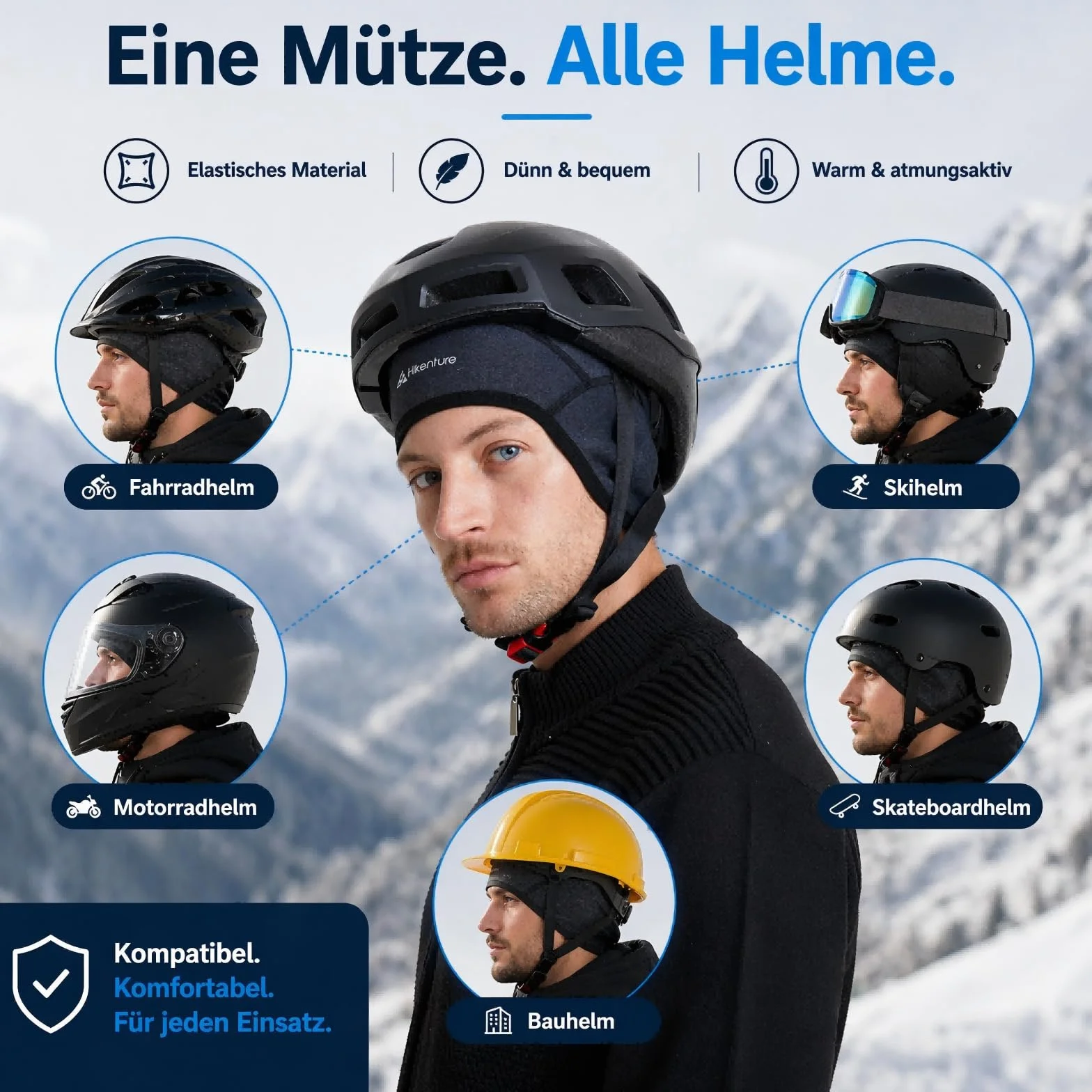 HIKENTURE Czapka zimowa | Wiatroszczelna zimowa czapka rowerowa | Ciepła Czapka Rowerowa | Podkoszulek pod kask męski/damski do kasków rowerowych Kask narciarski Kask wspinaczkowy | Czapka sportowa